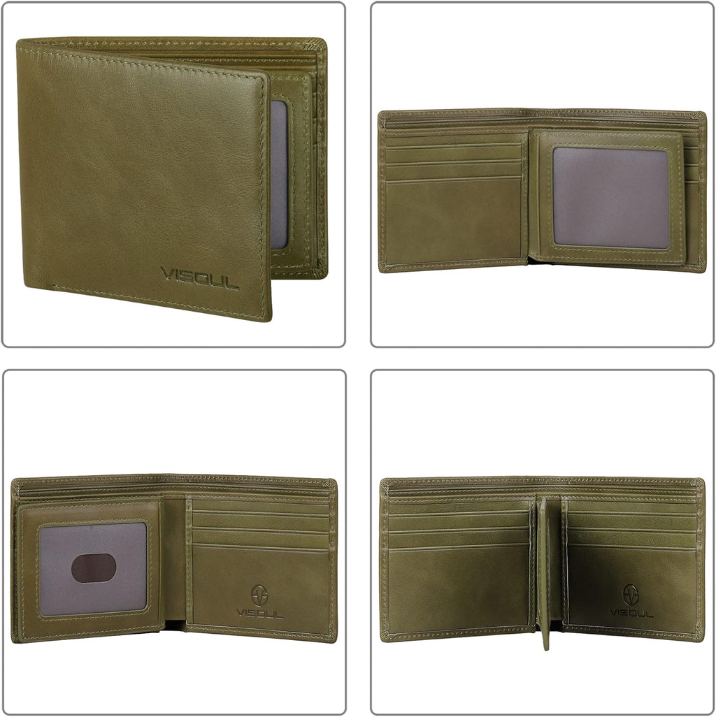VISOUL Men's Bifold Wallet with 2 ID Windows, Genuine Leather Card Holder Front Pocket Wallet with RFID Blocking for Men (Green)