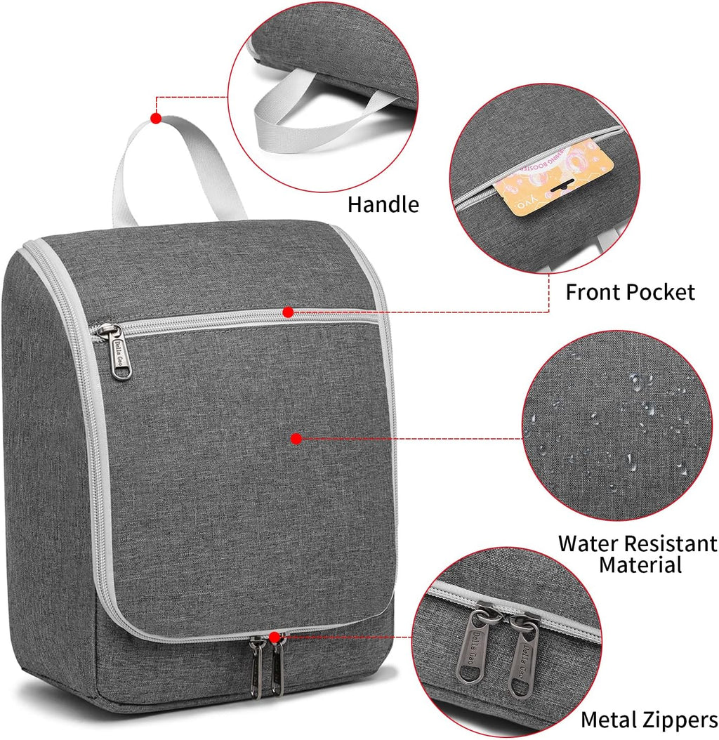 Della Gao Travel Hanging Toiletry bag for Men & Women, Water-resistant Sturdy Nylon Toiletries Organizer for Cosmetics, Makeup Brushes, Shaving Tools, Bathroom Bag, Grey