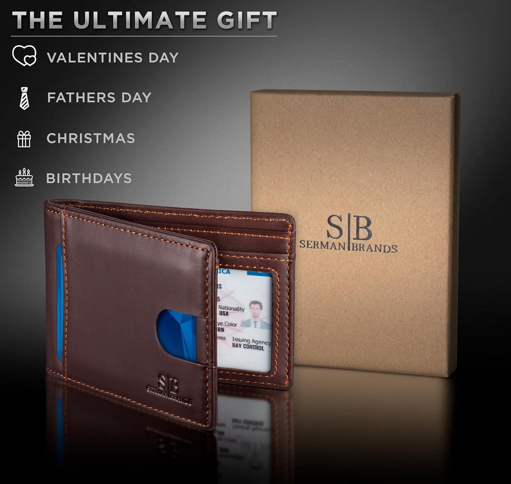 SERMAN BRANDS RFID Blocking Slim Bifold Genuine Leather Thin Minimalist Front Pocket Wallets for Men Billfold Wallet Men Gift