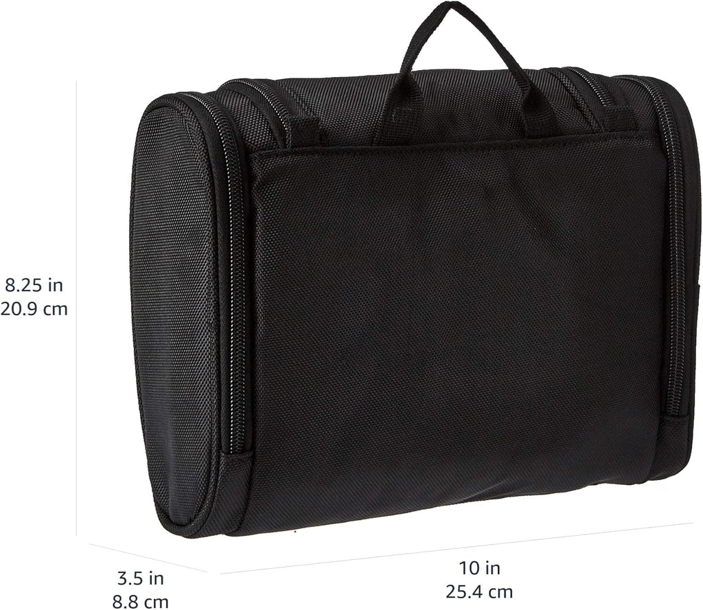 Basics Travel Toiletry Bag for Men and Women, Hanging Toiletry Bag, Dopp Kit with 2 Side Pockets, Multiple Interior Pockets, Durable 1680D Polyester, Handles Bathroom Spills/Splashes, Black