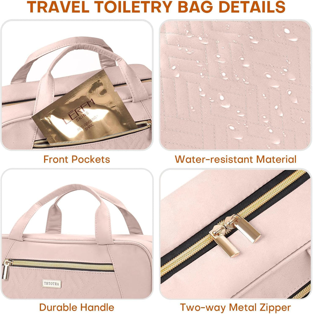 Hanging Toiletry Bag for Women Travel, 2 Sizes Large & Small Waterproof Cosmetic Organizer with 4 Compartments, Rotating Hook, Foldable Pink Travel Bag for Toiletries & Makeup - Medium Pink