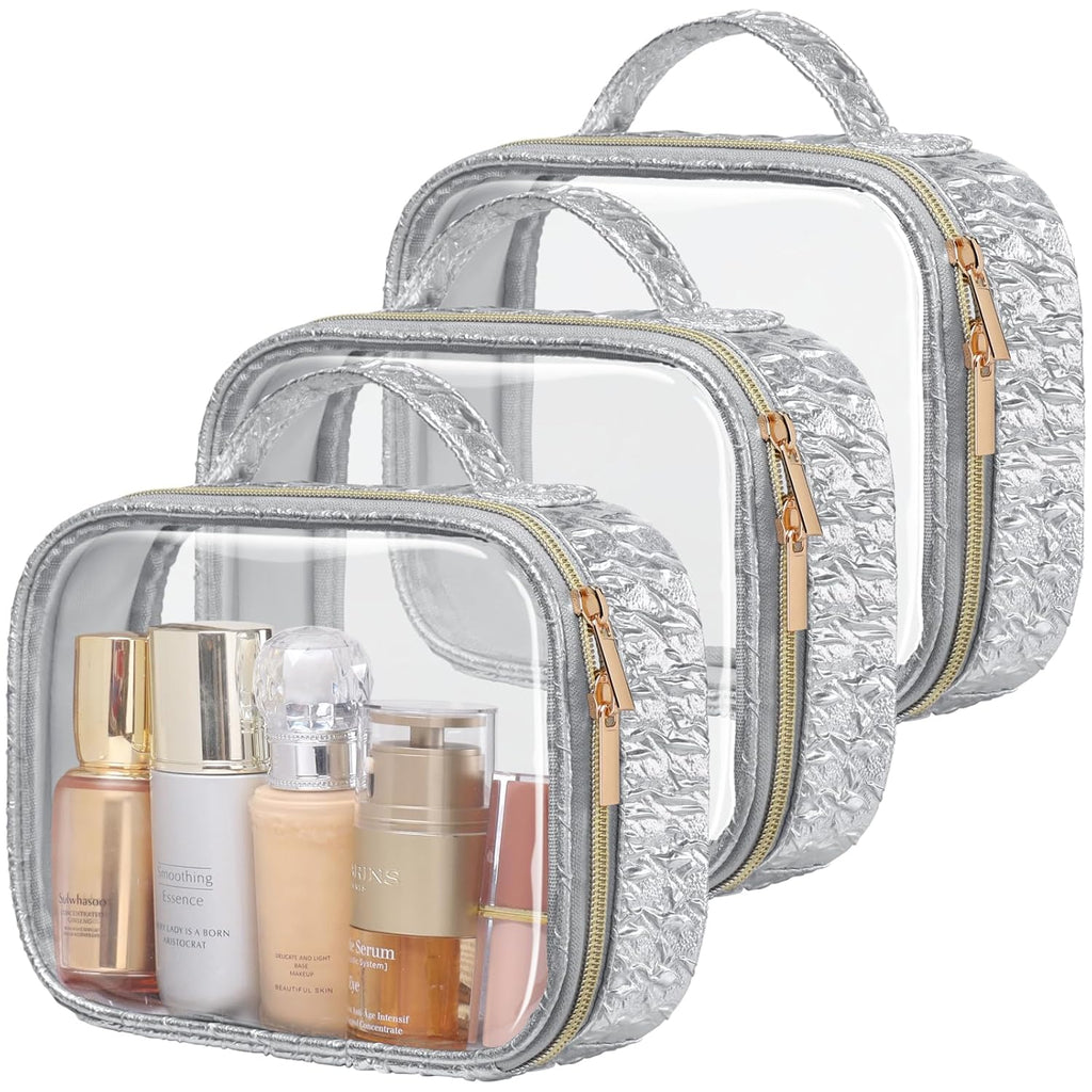 PACKISM TSA Approved Toiletry Bag - 3 Pack Ruched Textured Clear Makeup Bag, Metallic Silver, with 180° Large Opening and Supporting Frame, Perfect for Travel Essentials, Thick No Smell