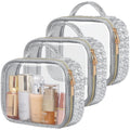PACKISM TSA Approved Toiletry Bag - 3 Pack Ruched Textured Clear Makeup Bag, Metallic Silver, with 180° Large Opening and Supporting Frame, Perfect for Travel Essentials, Thick No Smell