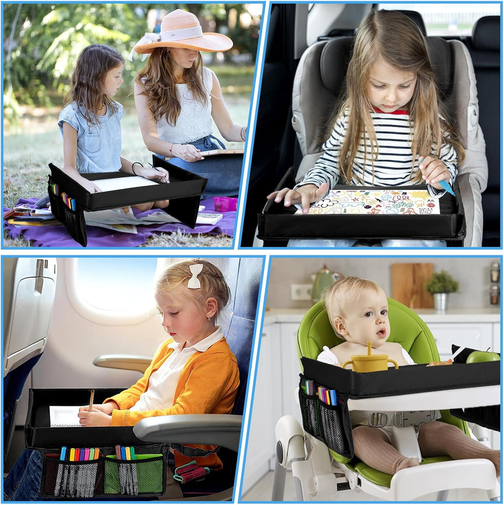Children Auto Lap Pad - Travel Tray Tablet Holder，Car Seat Lap Tray for Toddlers, Kids，Use on Airplanes, Road Trips, Lap Desk，Tablet Holder and Carry Bag (Black)