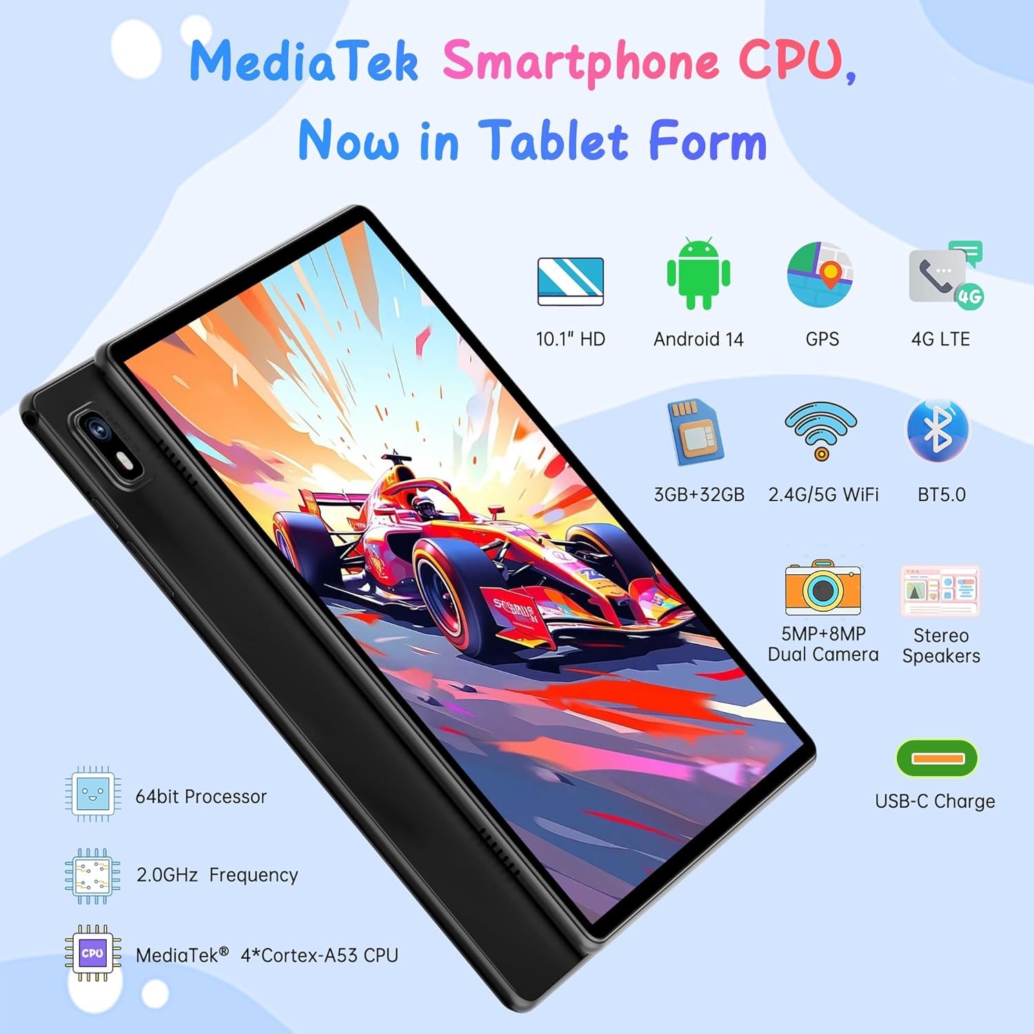 HAOVM Tablet 10 inch Android 14, 4G SIM Unlocked, Kid Tablet with SIM Card Slot, IPS Touch Screen, 2.0GHz Fast Processor, 3GB+32GB+TF Expand,2.4G/5GHz WiFi,8MP Camera, GPS, with Blue case