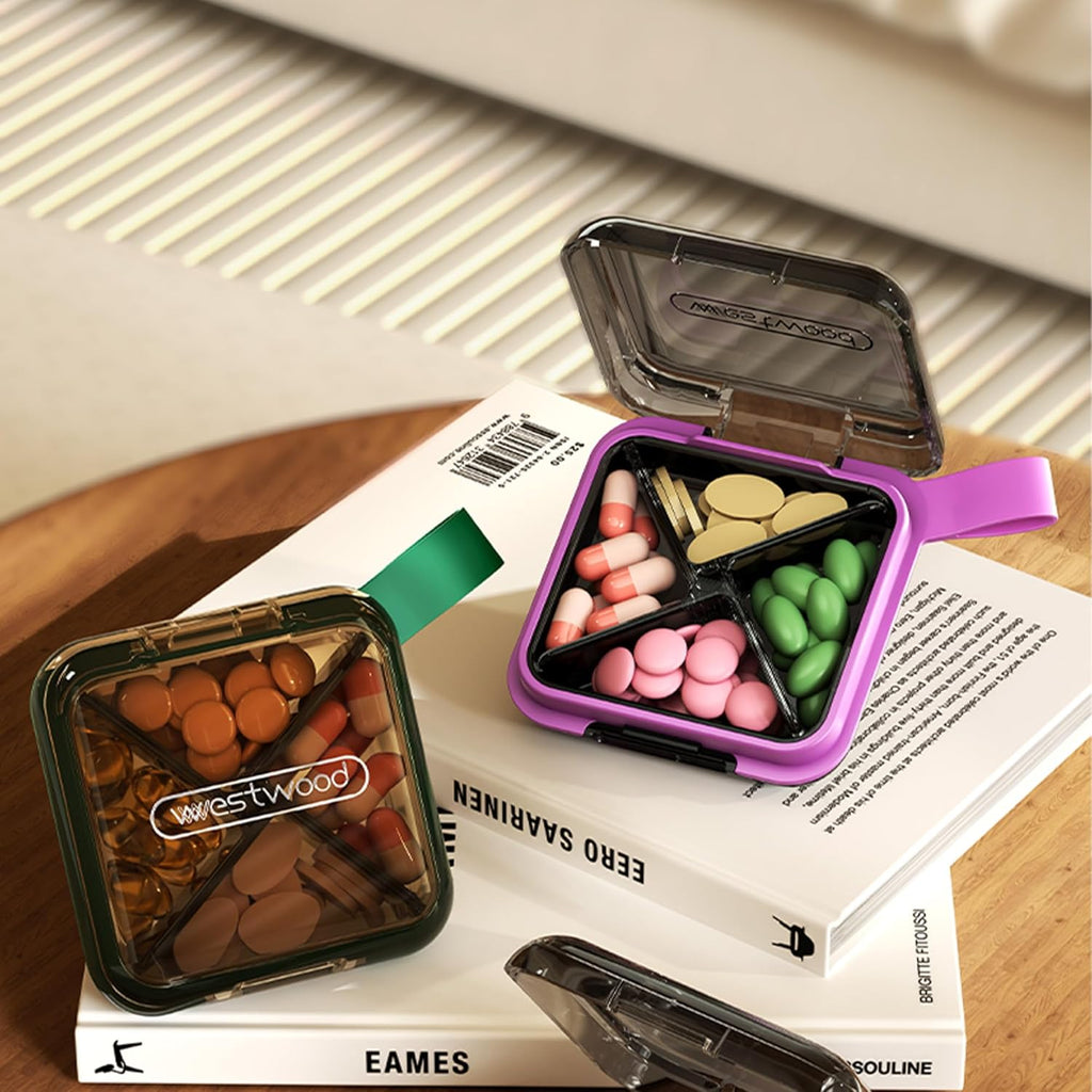 1 Pack Purple Pill Organizer with Strap, 4 Compartments, Compact Travel Pill Box Case, Portable and Moistureproof to Store Vitamins, Medication and Supplements