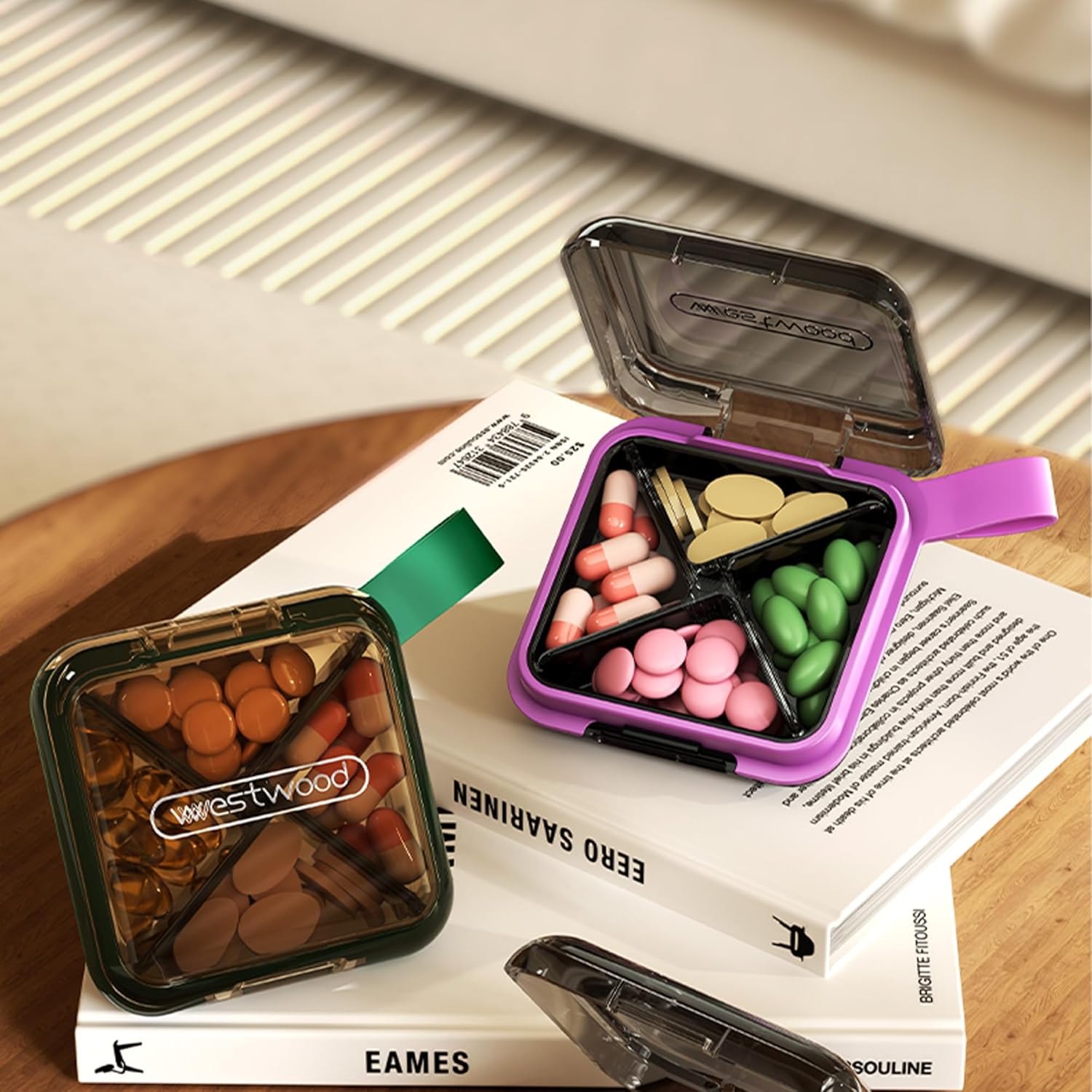 1 Pack Purple Pill Organizer with Strap, 4 Compartments, Compact Travel Pill Box Case, Portable and Moistureproof to Store Vitamins, Medication and Supplements