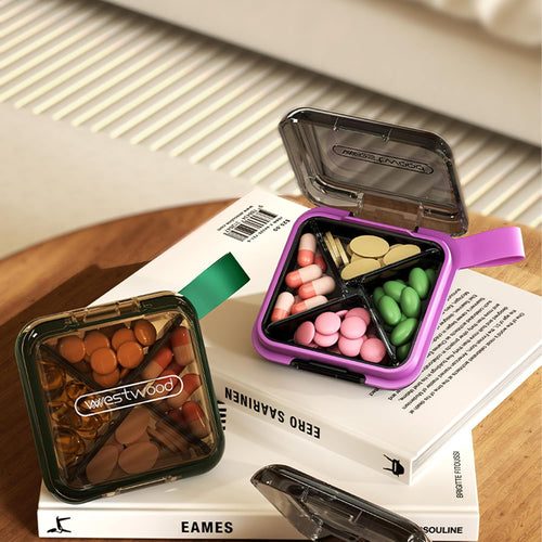 1 Pack Purple Pill Organizer with Strap, 4 Compartments, Compact Travel Pill Box Case, Portable and Moistureproof to Store Vitamins, Medication and Supplements