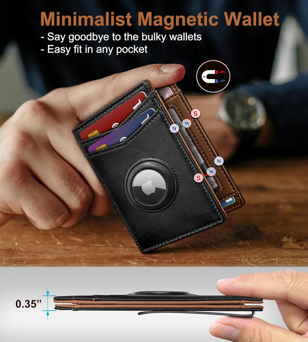 Airtag Wallet for Men- with Money Clip Gift Boxed, Magnetic Closure Slim Genuine Leather Front Pocket Wallet, 4.1"x 2.8", RFID Blocking