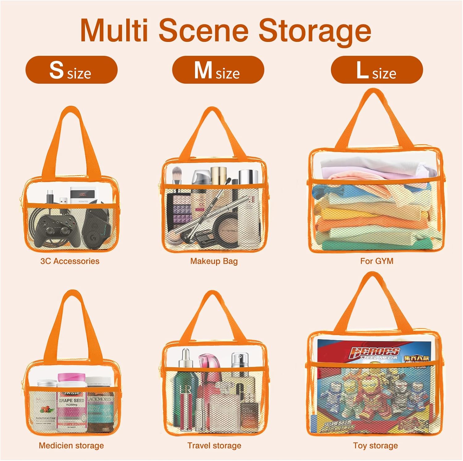 XEWEA Clear Travel Toiletry Bags, 3 Pack TSA Approved Transparent Makeup Bag for Men Women, Large Waterproof PVC Quart Organizer with Zipper for Toiletries Airline Essentials,Toy Storage Pouch Orange