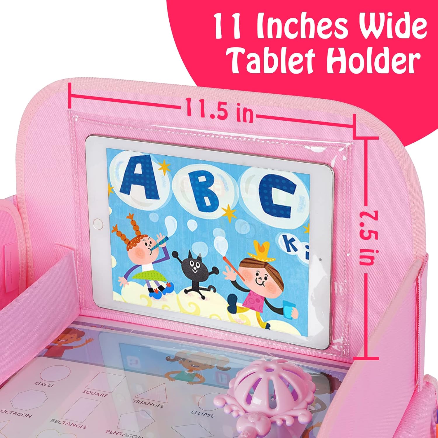 MENZOKE Kids Travel Tray, Car Seat Table Tray, Road Trip Essentials with Educational Drawing Board, Tablet Holder & Cooler Cup Holder, Travel Table for Kids Gifts in Car, Airplane, Multicoloured