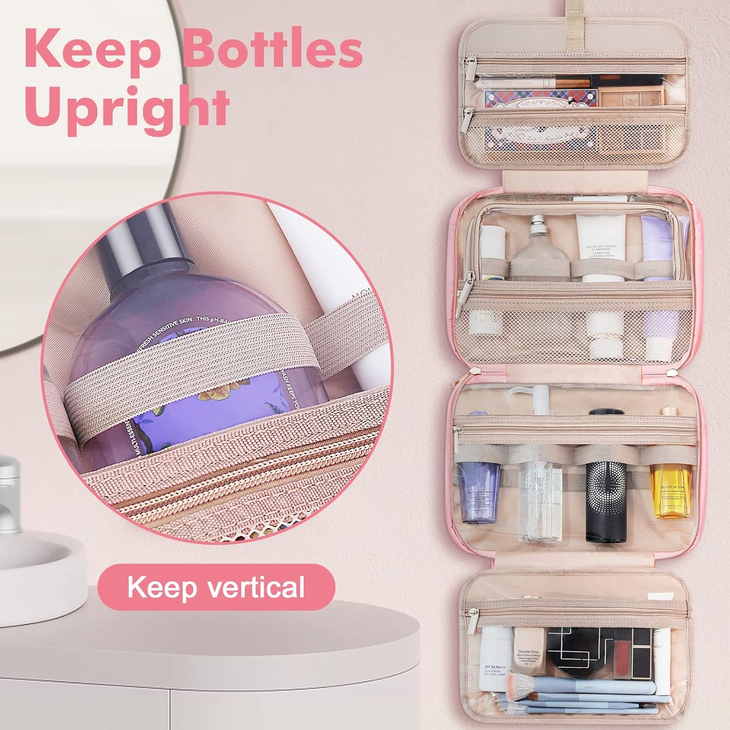 Wedama Toiletry Bag for Women, Medium Cosmetic Travel Bag, Hanging Toiletry Bag for Bathroom, Thickened PVC Waterproof Makeup Bag, Toiletries Bag for Travel Business Trips and Camping, Pink