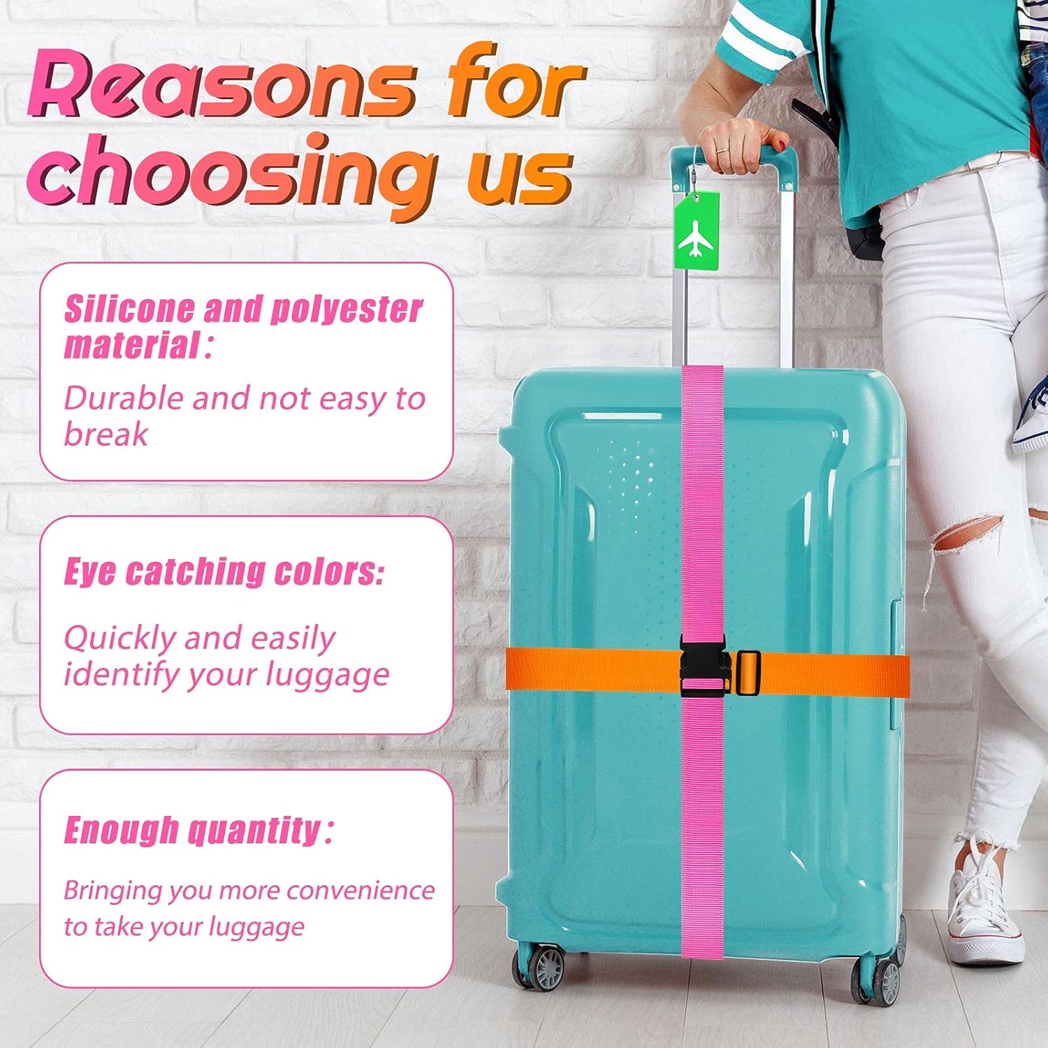 Weewooday 8 Pcs Luggage Straps Suitcase Tags Set for TSA Approved, 4 Travel Adjustable Suitcase Belt, 4 Silicone Luggage Tags with Name ID Card Travel Accessories(Blue, Pink, Green, Orange,Airplane)