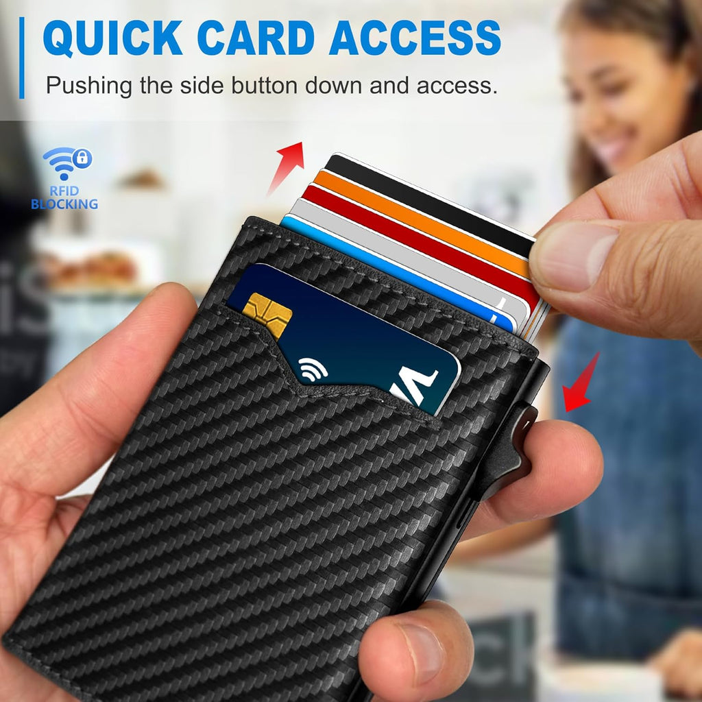 Wallet for Men,with Cash Pocket 2 ID Window 9-13 Cards,Metal Case Smart Slim Pop Up Credit Card Holder Flip with Magnetic Closure RFID Blocking Trifold wallet with Gift Box