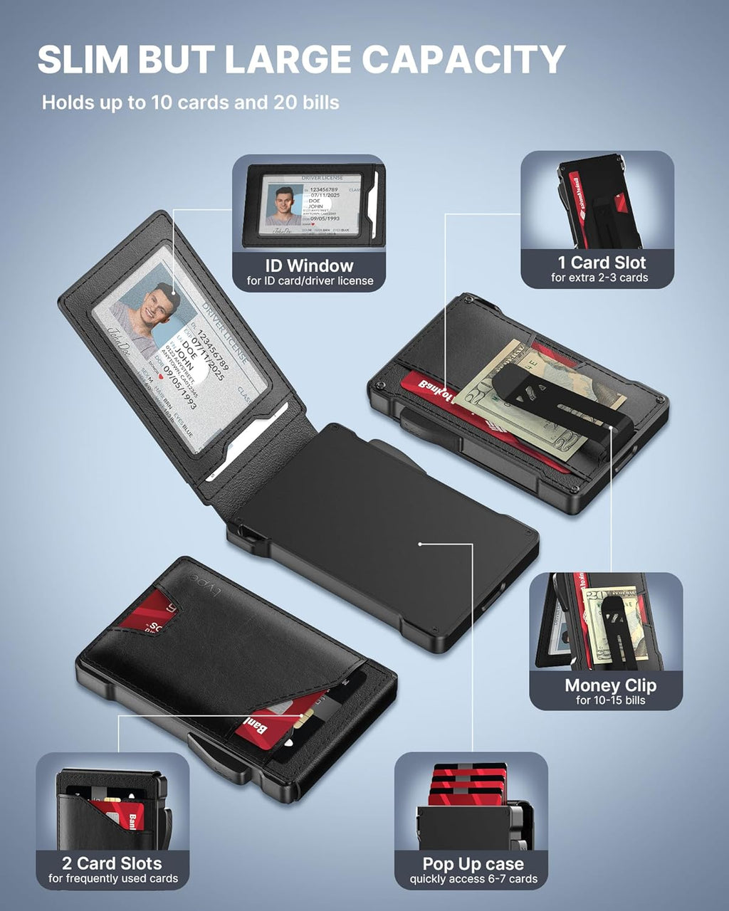 typecase Tactical Wallet for Men Card Holder: Pop Up Card Case, Genuine Leather, Smart, RFID Blocking, Slim, Minimalist, Thin, Front Pocket - 9-13 Card Capacitiy, ID Window, Money Clip (Black)