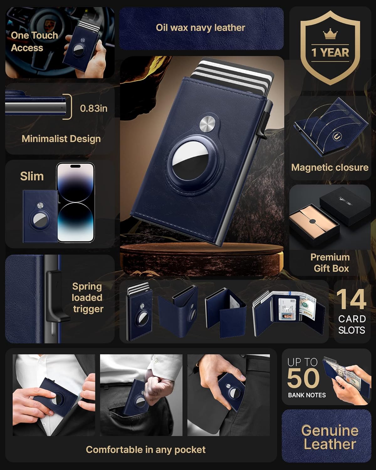 typecase Mens Wallet Card Holder for AirTag: Leather Smart Wallet for Men Compatible with Apple Air Tag, RFID Blocking, Slim, Minimalist - 9-14 Card Capacity | ID Window | Cash Slot (Navy)
