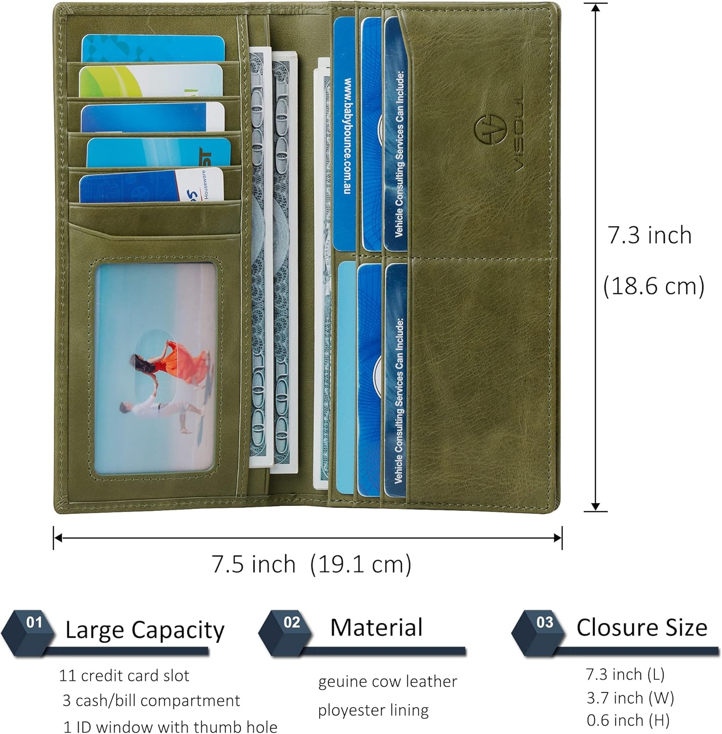 VISOUL Mens Long Bifold Checkbook Wallets Genuine Leather, Tall Checkbook RFID Wallets with Multi Card Pocket for Men (Olive Green)