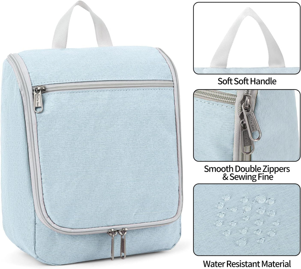 Della Gao Travel Toiletry Bag, Hanging Toiletry Bag for Men and Women, Water-resistant Makeup Bag Cosmetic Toiletries Organizer, Bathroom Bag, Sturdy Nylon, Light Blue