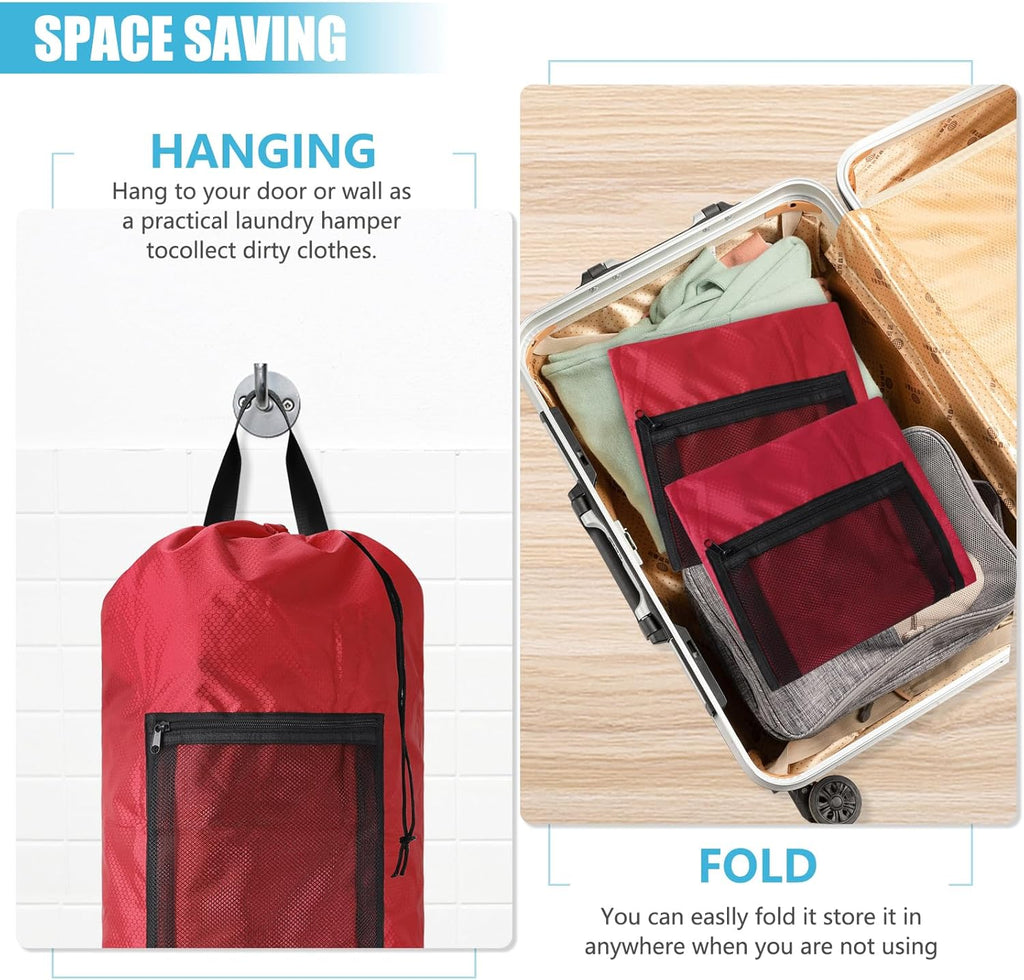 Portable Laundry Bag Backpack with Adjustable Straps, Drawstring Closure & Mesh Pocket - Perfect for College, Apartments, Camping (Red)