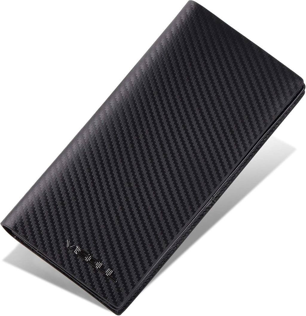 VISOUL Mens Leather Long Checkbook Bifold Wallets with RFID Blocking, Carbon Fiber Leather Tall Wallets for Men (Black+Black)