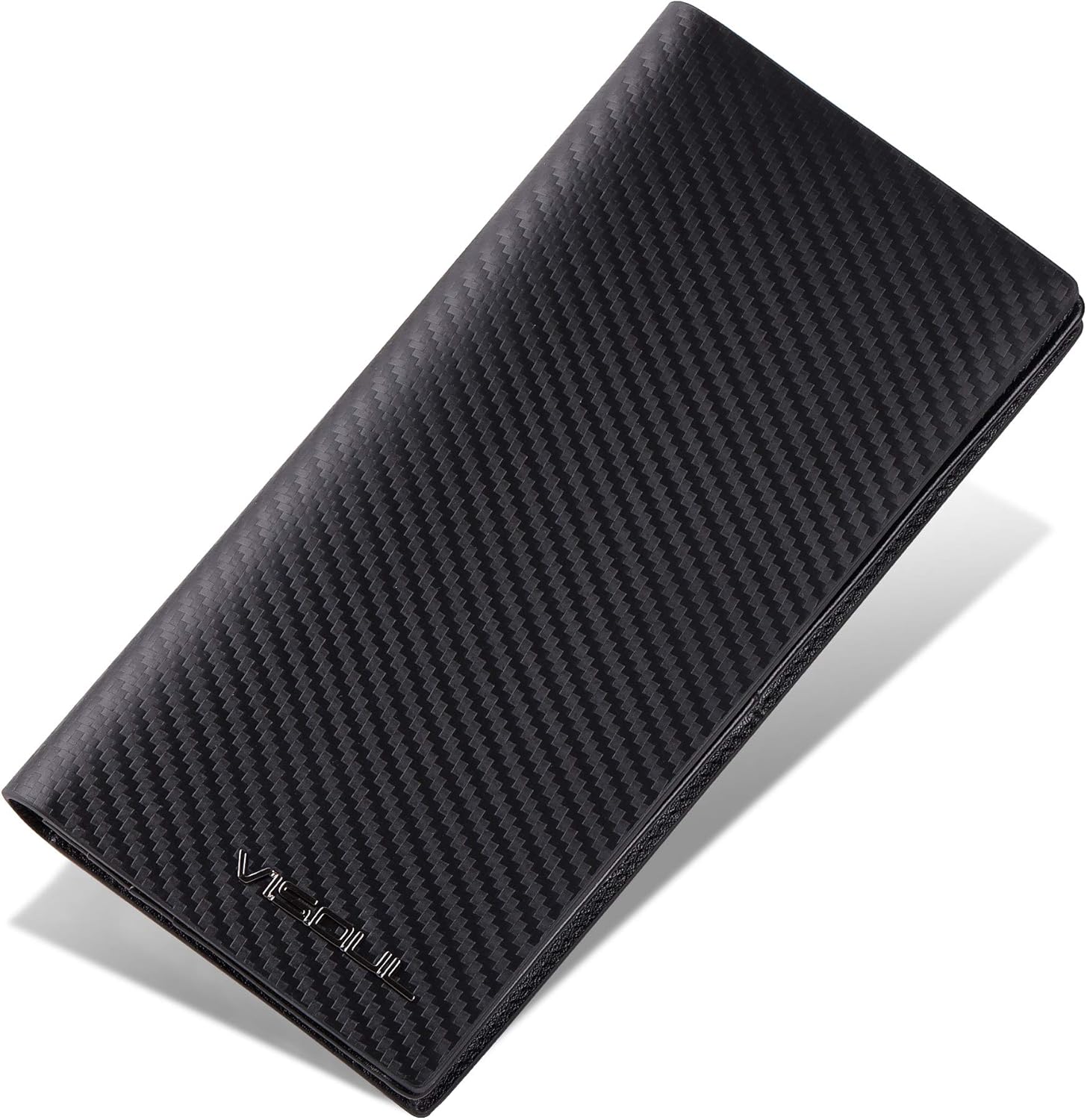 VISOUL Mens Leather Long Checkbook Bifold Wallets with RFID Blocking, Carbon Fiber Leather Tall Wallets for Men (Black+Black)