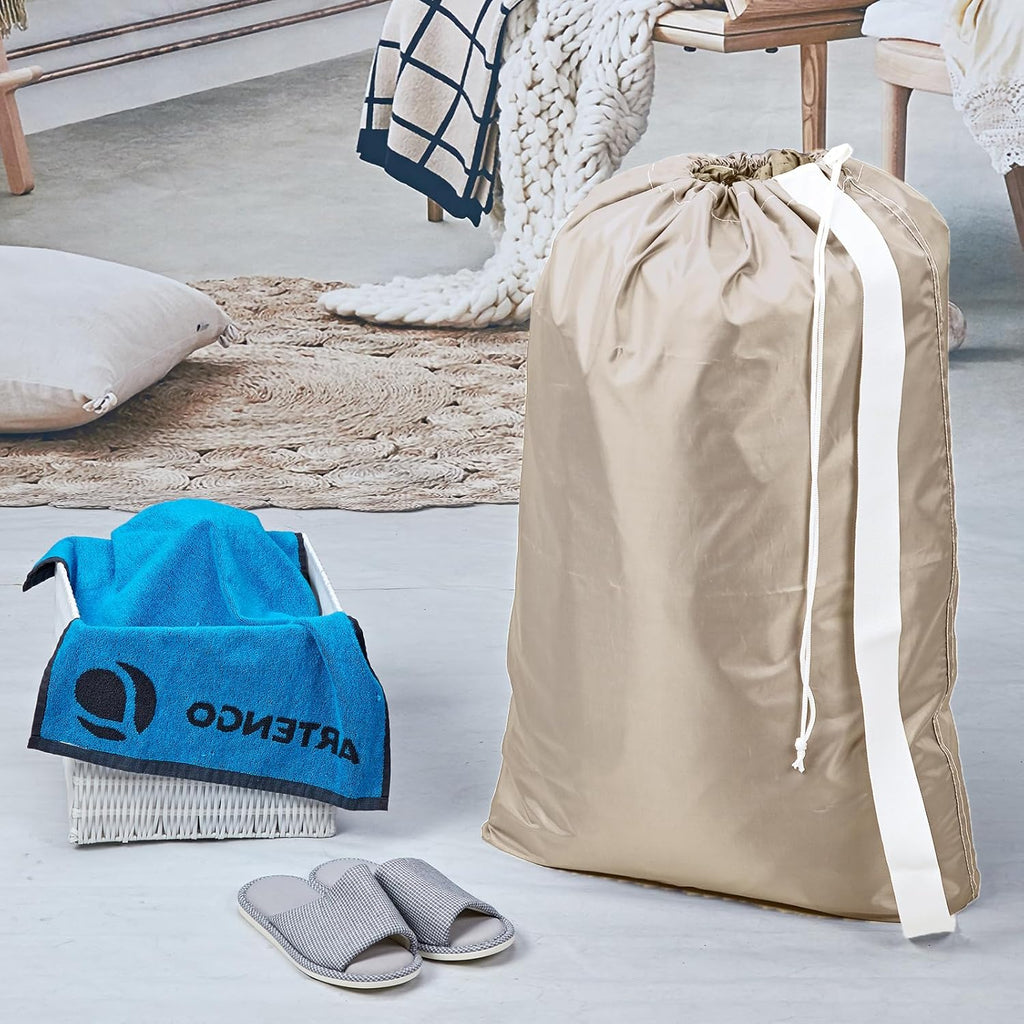 HOMEST XL Nylon Laundry Bag with Strap, Large Dirty Garments Organizer, Easy Fit a Hamper or Clothing Basket, Can Carry Up to 4 Loads of Clothes, Beige