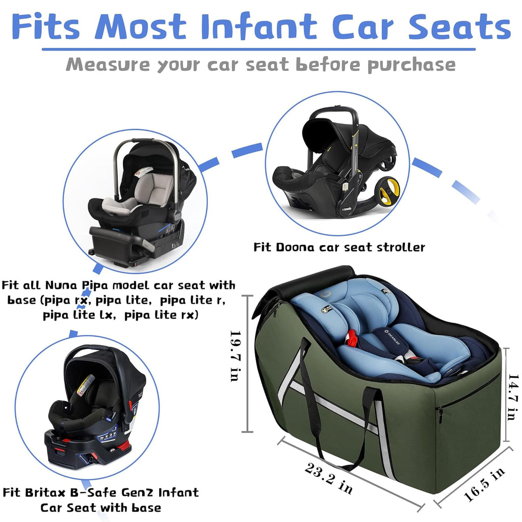 Infant Car Seat Travel Bag for Airplane Compatible with All Nuna Pipa Car Seat and Base,Chicco KeyFit 30 and Base, Padded Car Seat Bags for Air Travel,Car Seat Gate Check Bag with Side Pocket, Green