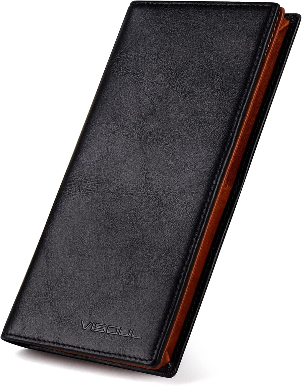 VISOUL Mens Leather Long Bi-fold Checkbook RFID Blocking Wallets, Breast Pocket Tall Billfold Secretary Wallet for Men with 12 Card Slots (Black and Orange)