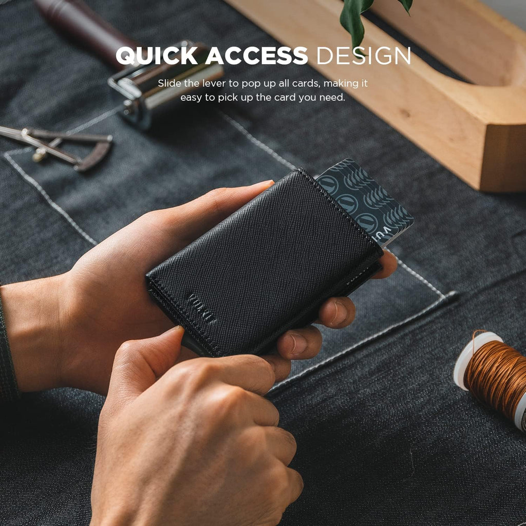 VULKIT Pop up Card Wallet Minimalist Cash Wallets RFID Blocking Leather Smart Credit Card Holder with ID window for Men(Cross Black)