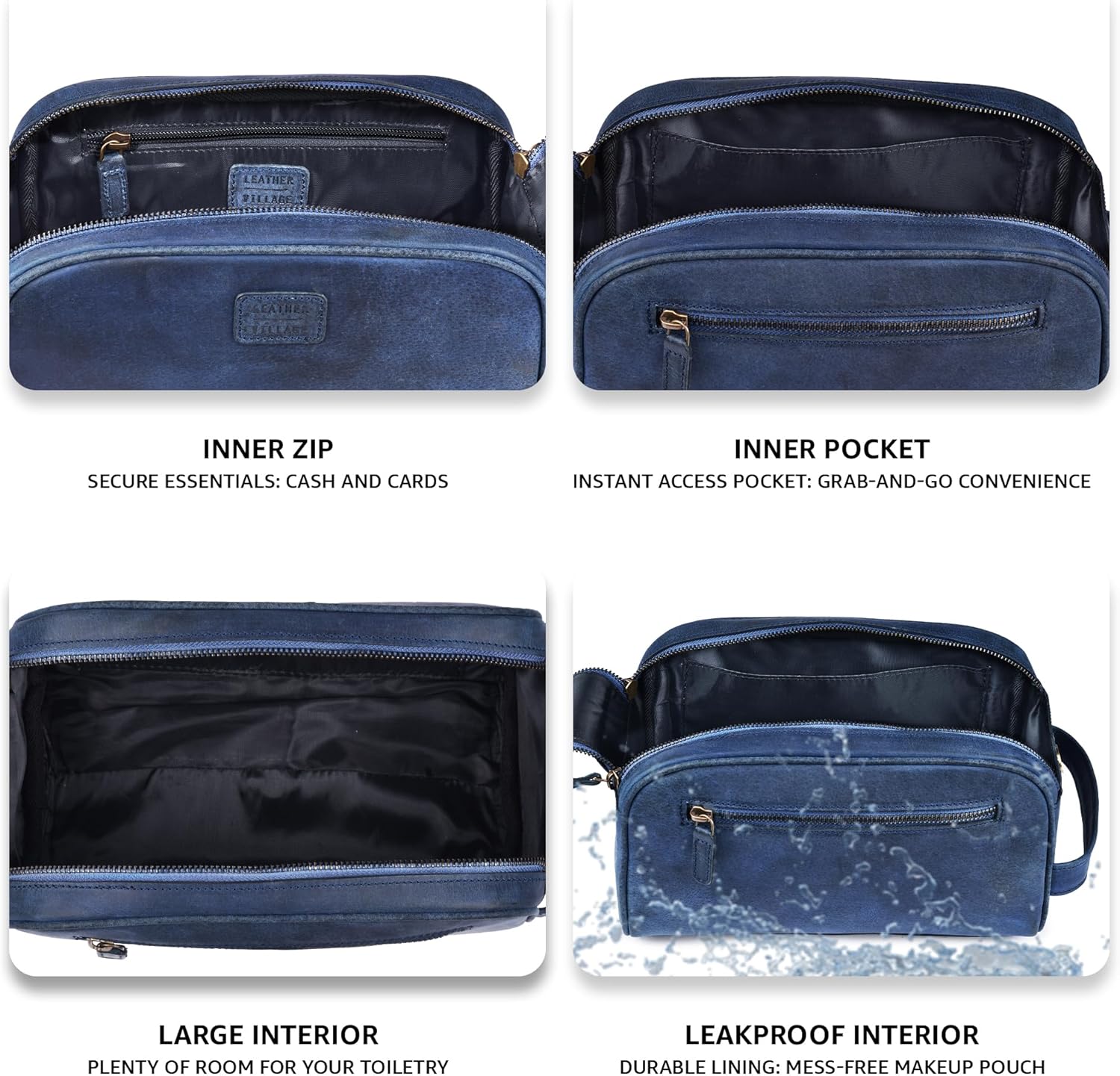 LEATHER VILLAGE Premium Leather Toiletry Travel Pouch With Waterproof Lining - Blue | King-Size Handcrafted Vintage Dopp Kit Bag