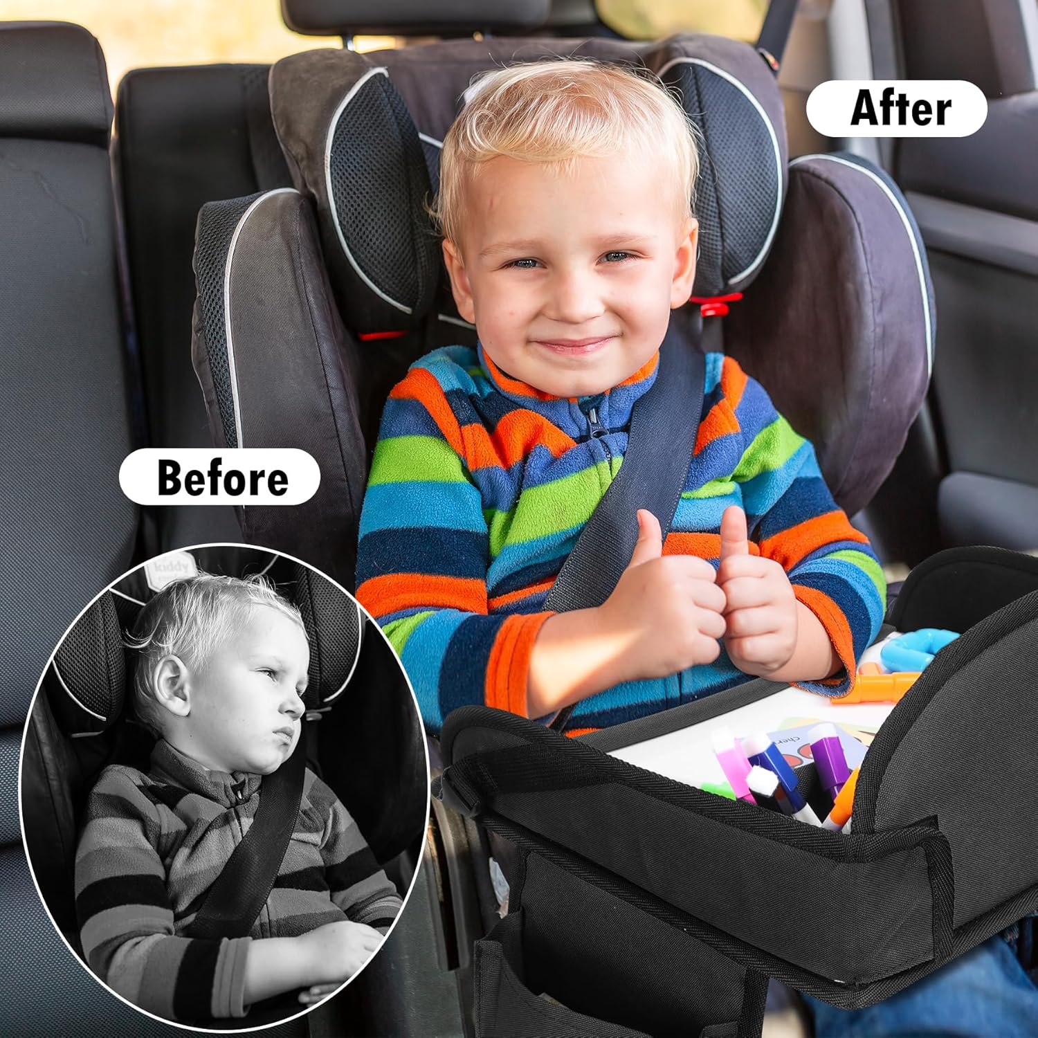 Kids Travel Tray for Car Seat, Toddler Road Trip Essentials With Drawing Kit, Travel Activities Must Haves (Black)