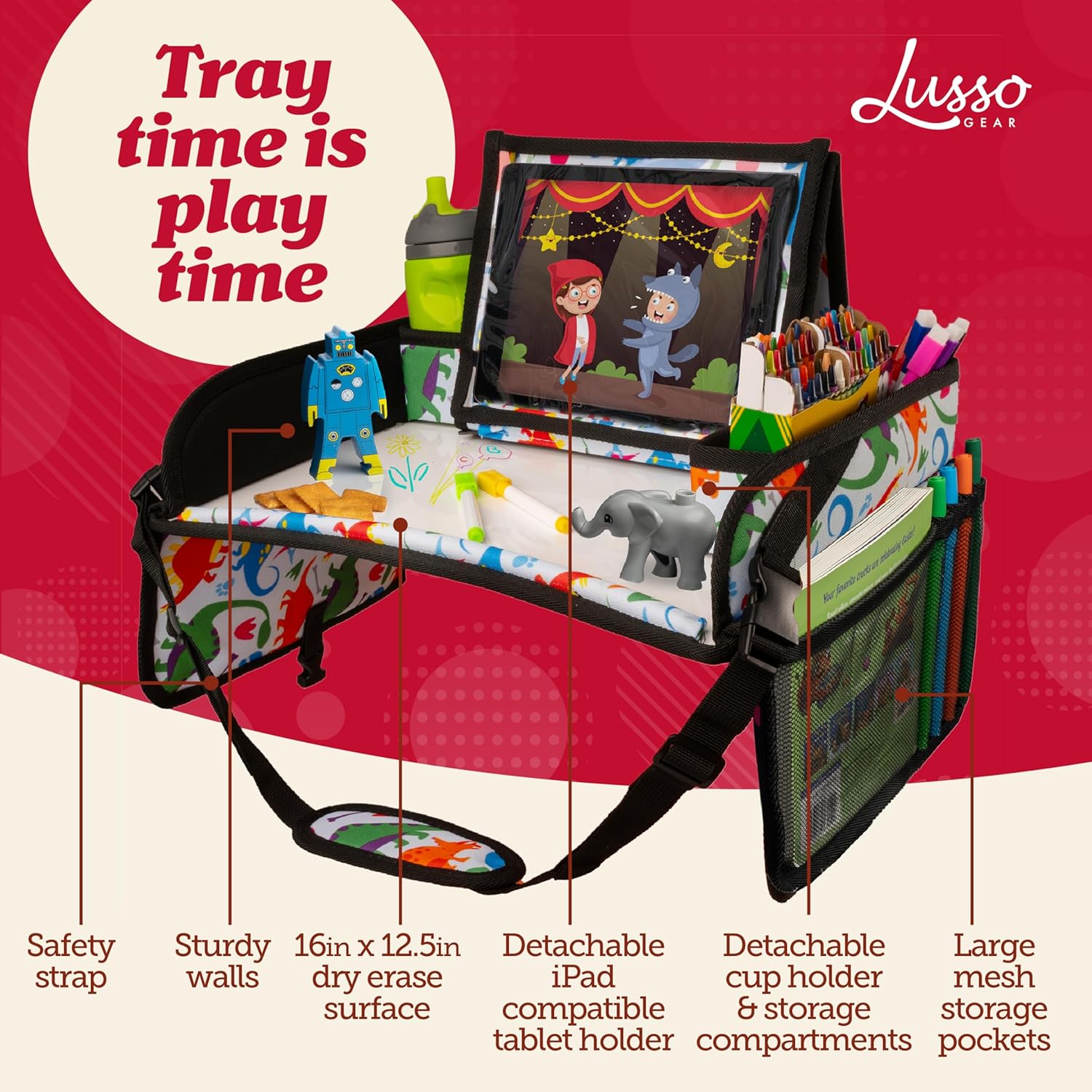 Lusso Gear Kids Travel Tray for Car Seat - Toddler Travel Tray with Dry-Erase Surface - Tablet Holder, Cup Holder and Mesh Storage - Road Trip Activities for Kids on Car, Plane or Train (Dinos)