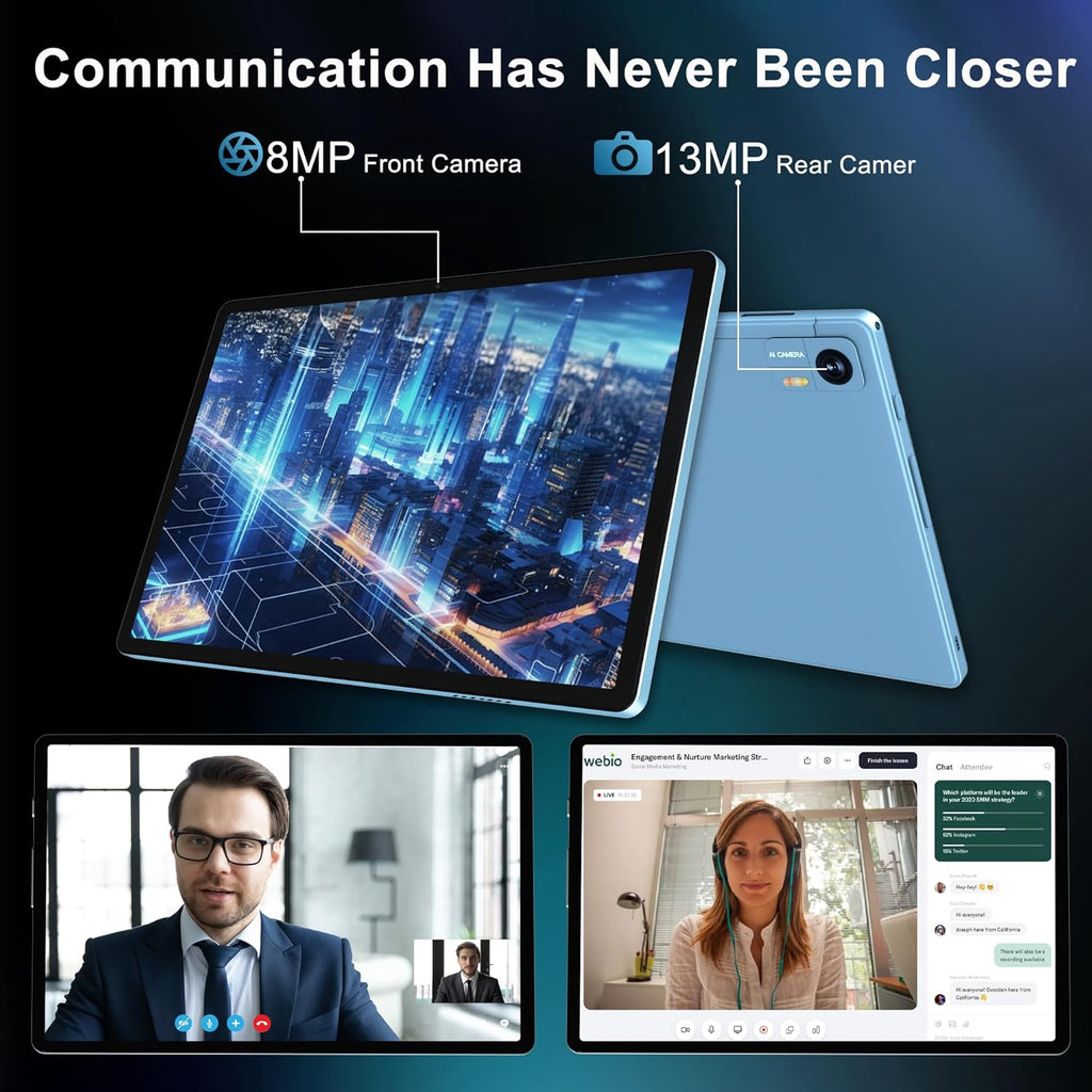Android 14 Tablet with Keyboard，16GB RAM 128GB ROM 1TB Expand, 8000mAh Battery, 10.1 inch Tablet with 13MP+8MP Camera/Bluetooth/GPS/WiFi/HD Display (Light Blue)