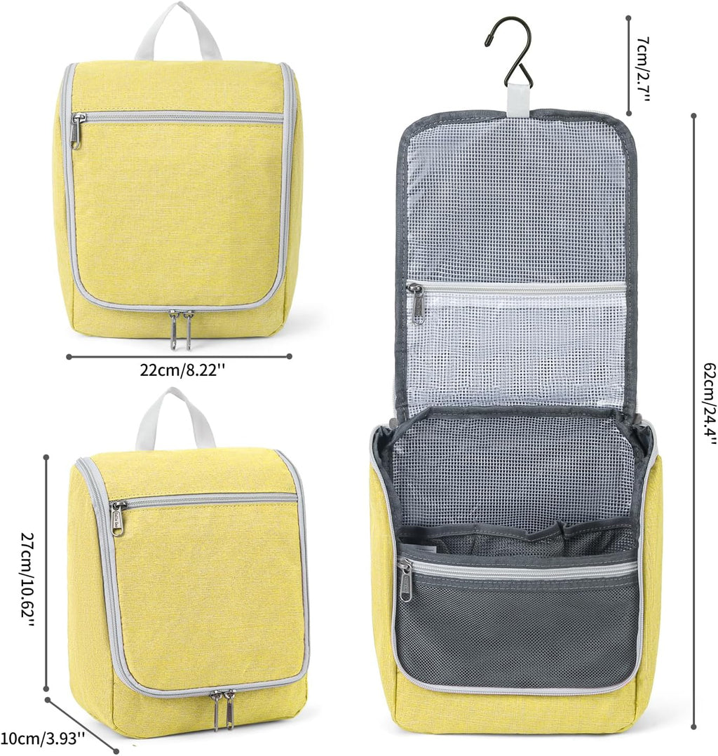 Travel Hanging Toiletry bag for Men & Women, Water-resistant Sturdy Nylon Toiletries Organizer for Cosmetics, Makeup Brushes, Shaving Tools, Bathroom Bag, Yellow