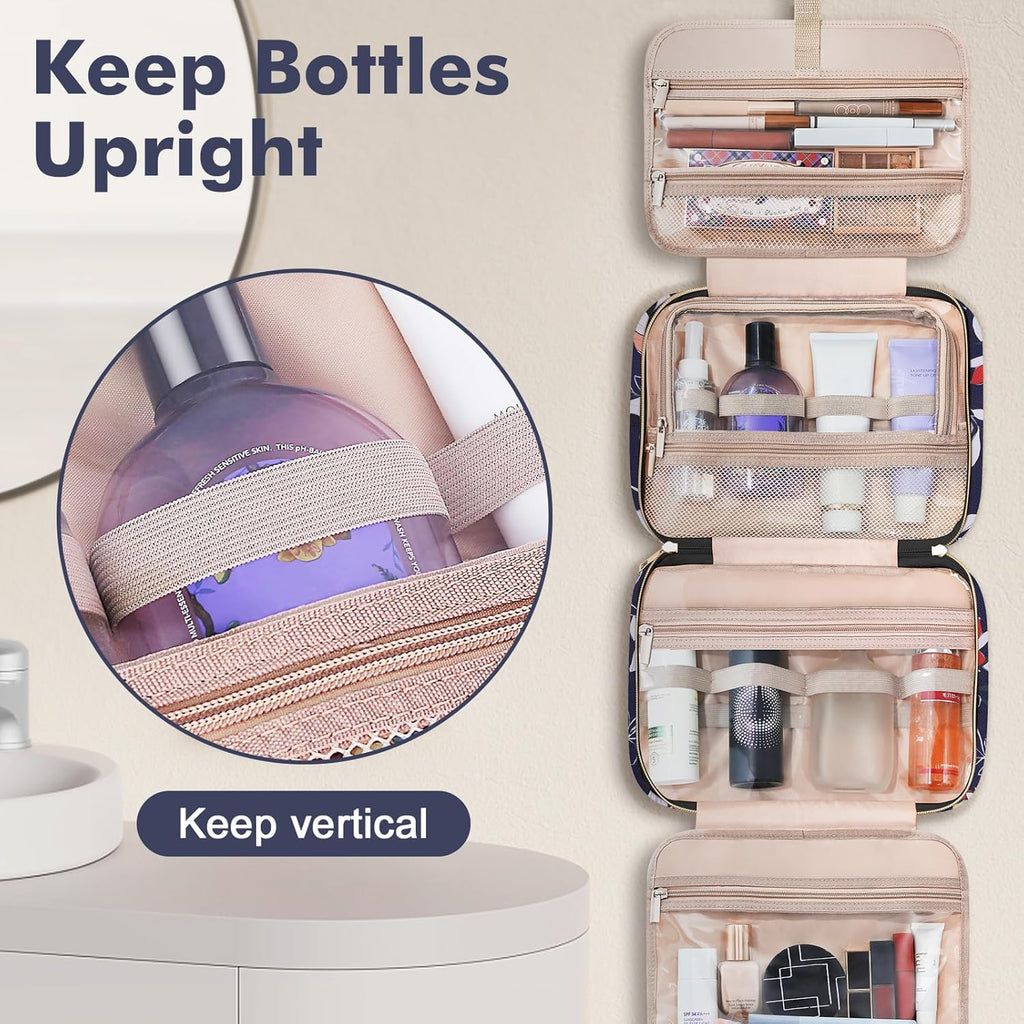 Wedama Toiletry Bag for Women, Large Cosmetic Travel Bag, Hanging Toiletry Bag for Bathroom, PVC Waterproof Makeup Bag, Toiletries Bag for Travel Business Trips and Camping, Blue+White Floral