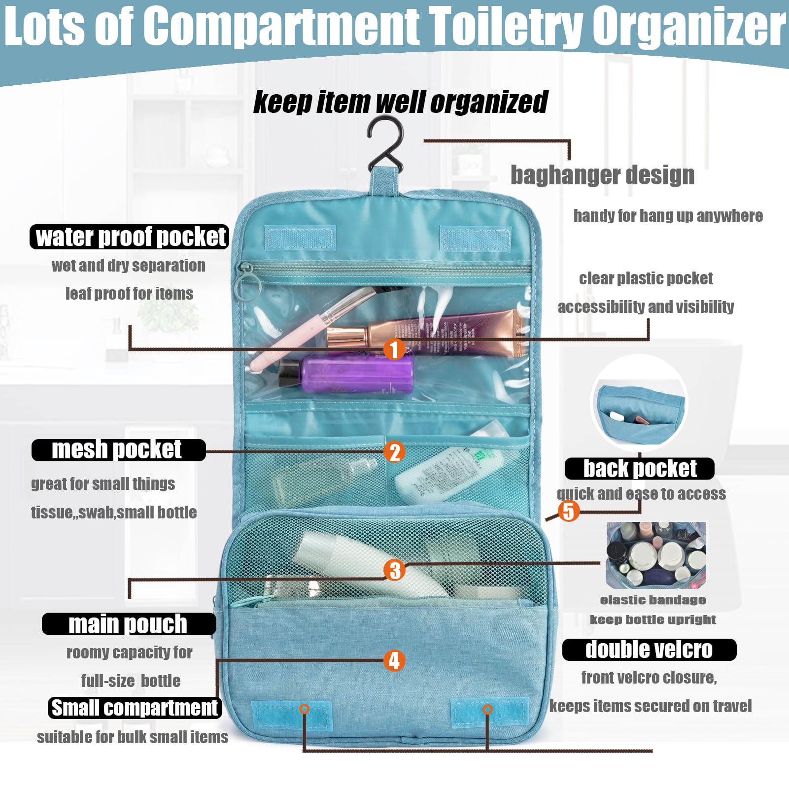 L&FY Hanging Travel Toiletry Bag Women's Cosmetic Organizer Makeup Case Pouch Men's Shaving Kits With Handle (Canvas Blue)