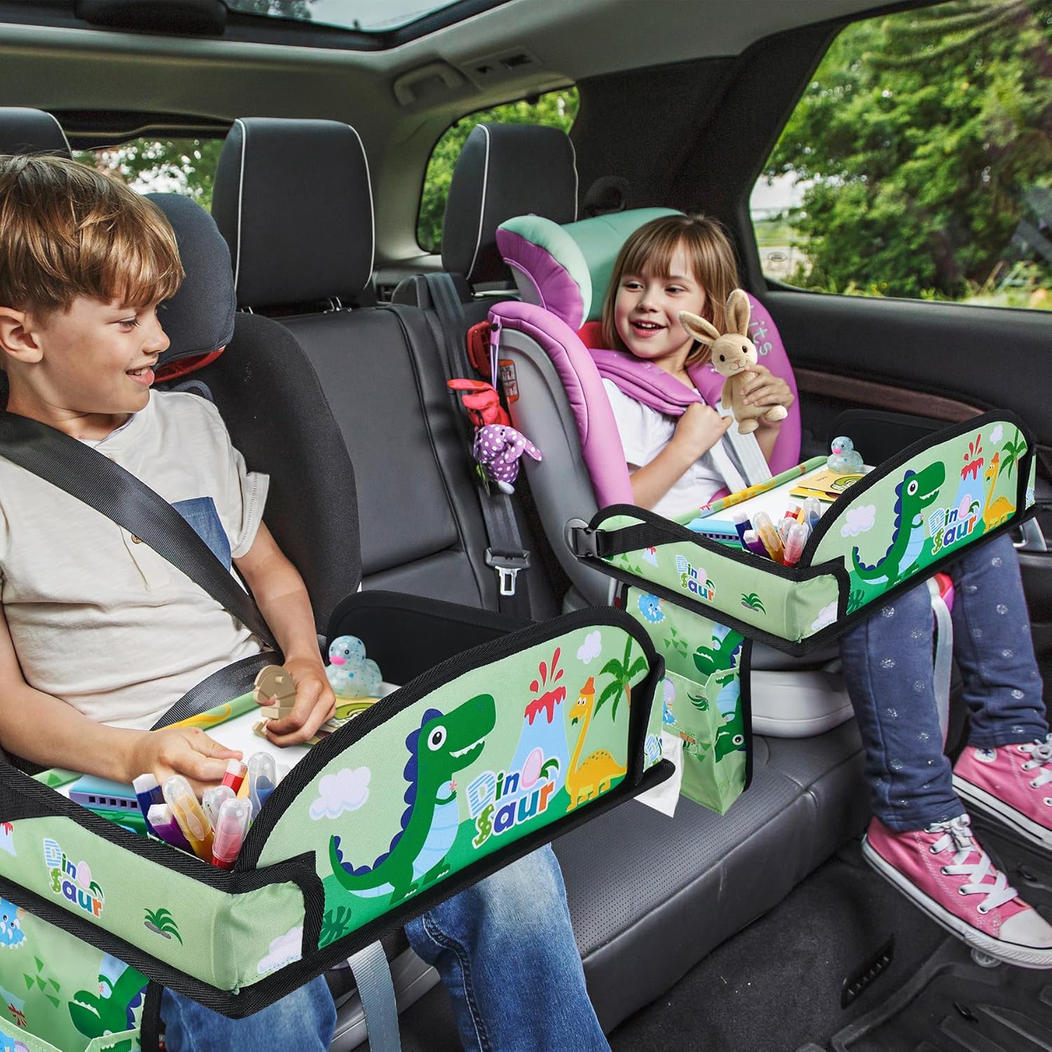 Kids Travel Tray, Kids Travel Trays for Car Seat, Road Trip Essentials for Toddler, Carseat Lap Tray with Dry Erase Board & Storage Organizer for Road Trip Activities for Kid, Green
