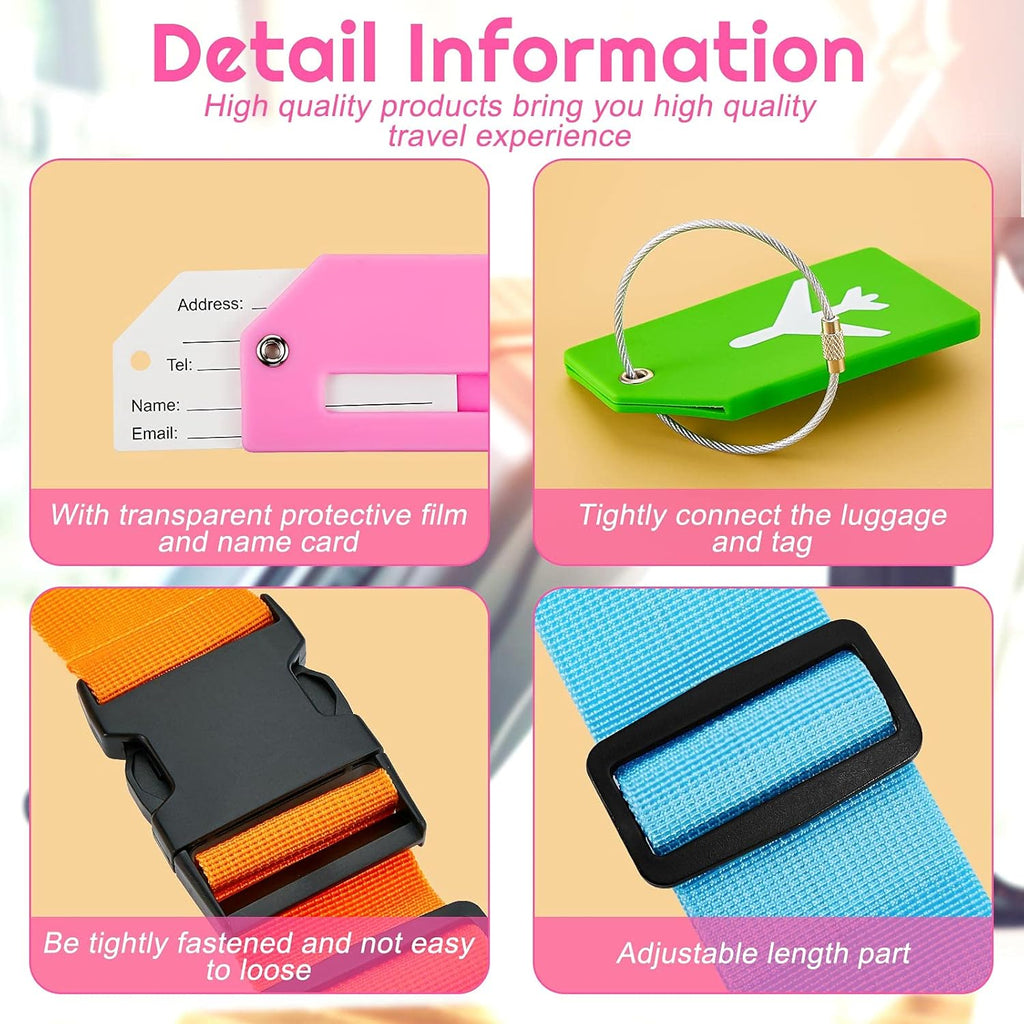 Weewooday 8 Pcs Luggage Straps Suitcase Tags Set for TSA Approved, 4 Travel Adjustable Suitcase Belt, 4 Silicone Luggage Tags with Name ID Card Travel Accessories(Blue, Pink, Green, Orange,Airplane)