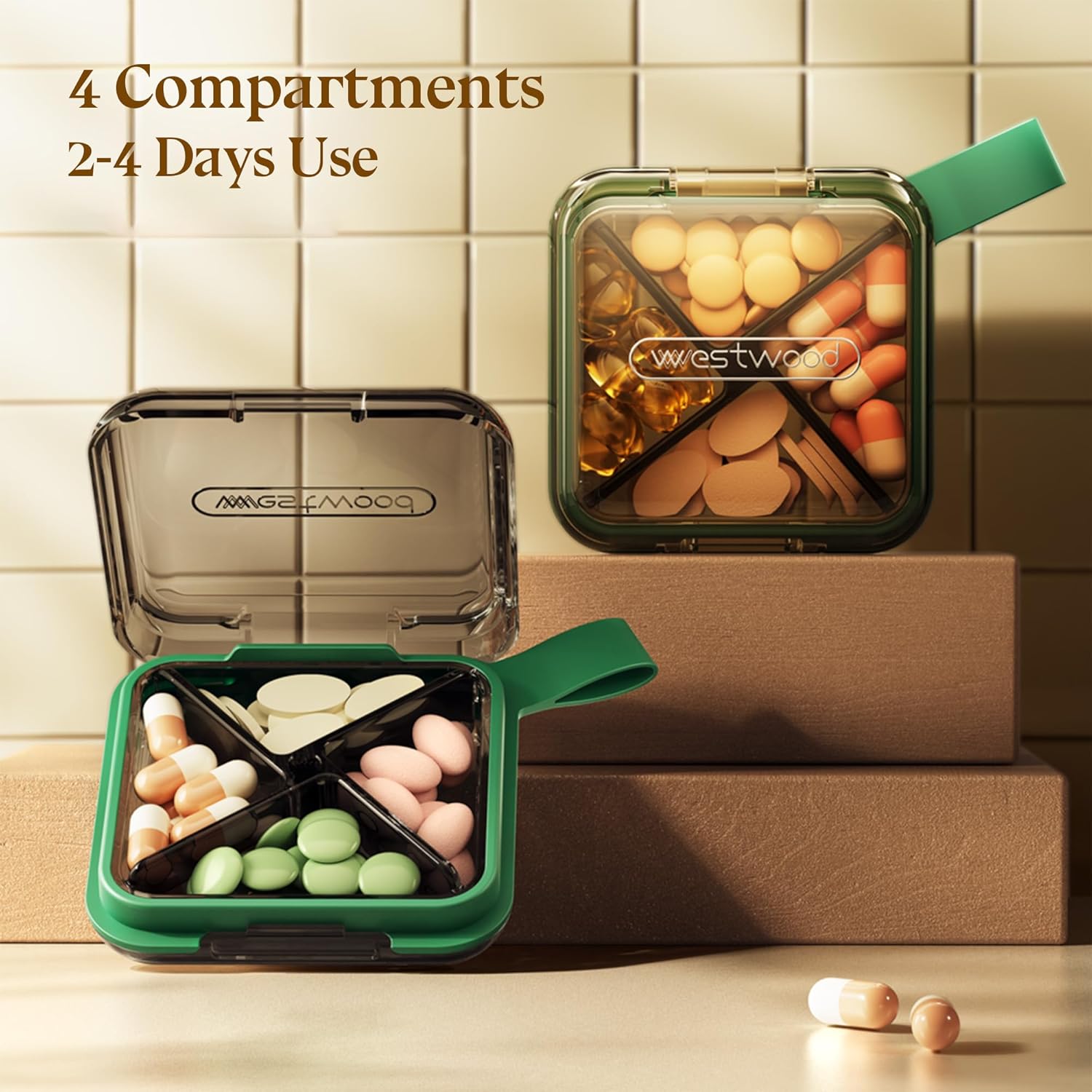 1 Pack Purple Pill Organizer with Strap, 4 Compartments, Compact Travel Pill Box Case, Portable and Moistureproof to Store Vitamins, Medication and Supplements