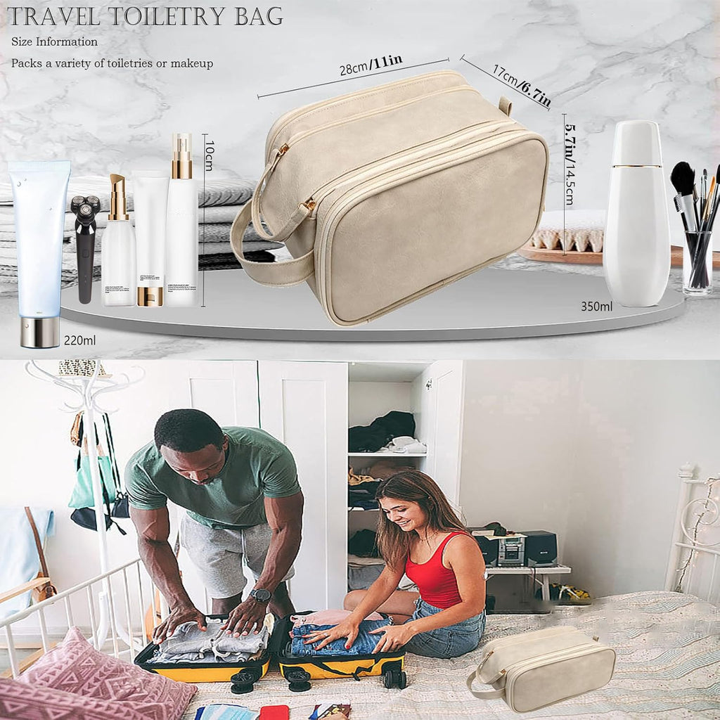 Travel Toiletry Bag for Women PU Triple-layer Double Zipper Toiletry Bags,Toiletries bag Women Waterproof with Handle Stowable Brushes, Toiletries Makeup for Business Trips Camping Bathroom Beige