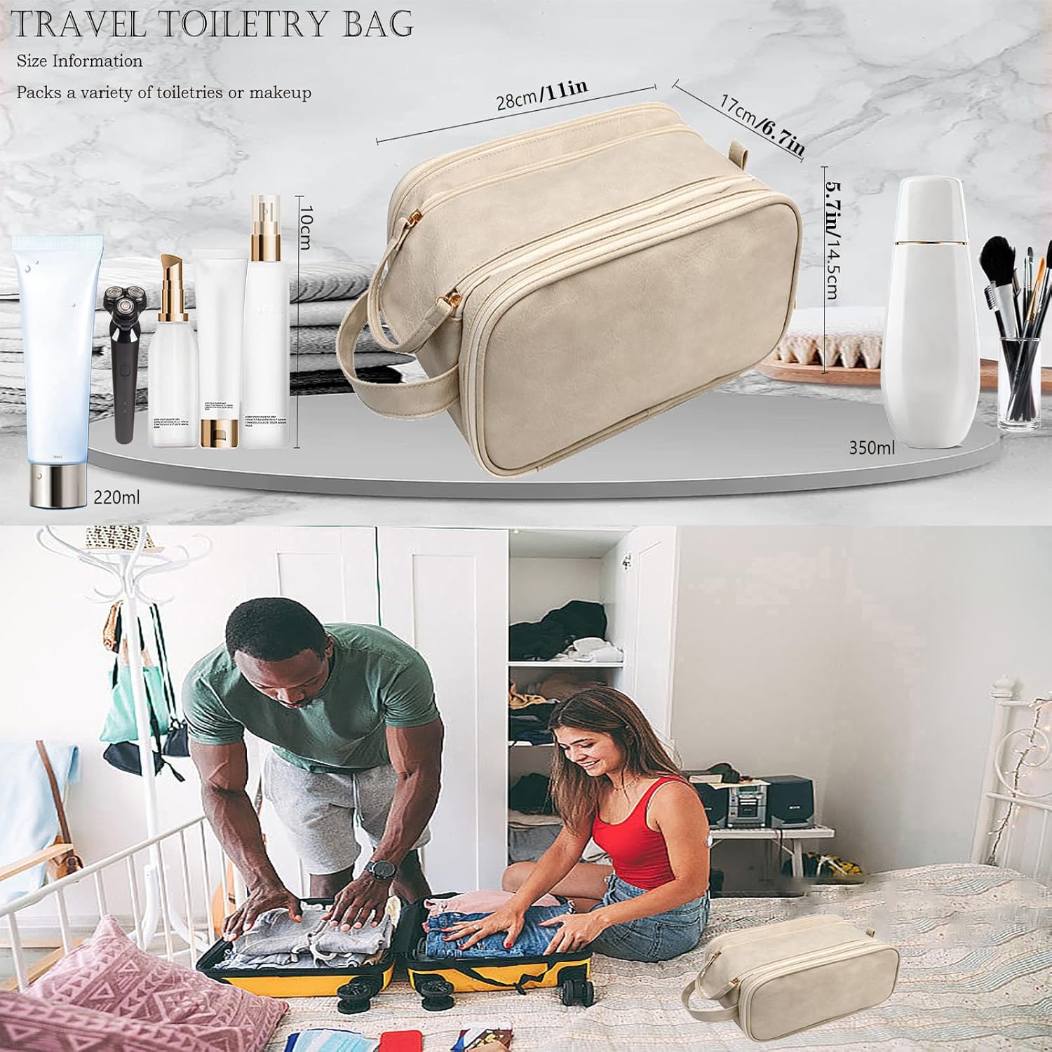 Travel Toiletry Bag for Women PU Triple-layer Double Zipper Toiletry Bags,Toiletries bag Women Waterproof with Handle Stowable Brushes, Toiletries Makeup for Business Trips Camping Bathroom Beige