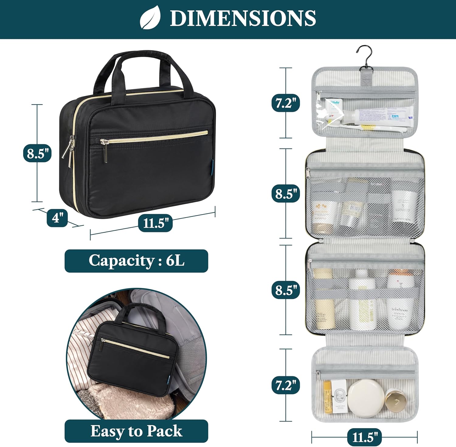 PAVILIA Hanging Toiletry Bag Travel Bag Women Men, Foldable Cosmetic Organizer, Roll up Makeup Bag, Water Resistant Accessories Toiletries, Large Travel Essentials Kit (Black Gold)