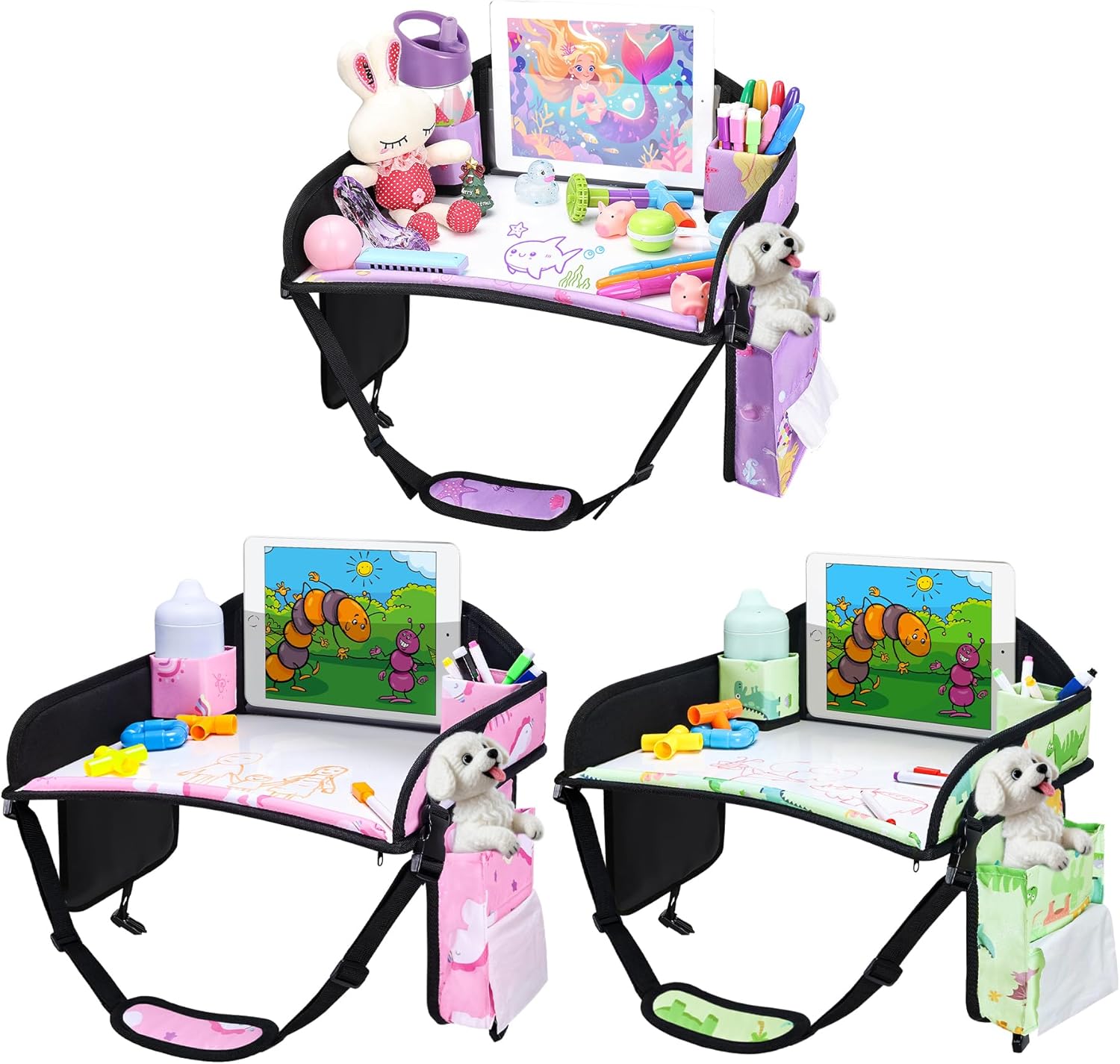 3PCS Kids Travel Tray for Airplane - Toddler Car Seat Table Tray, Road Trip Essentials for Boys & Girls, Carseat Lap Desk for Kids Road Trip Activities (Pink/Green-/Purple)