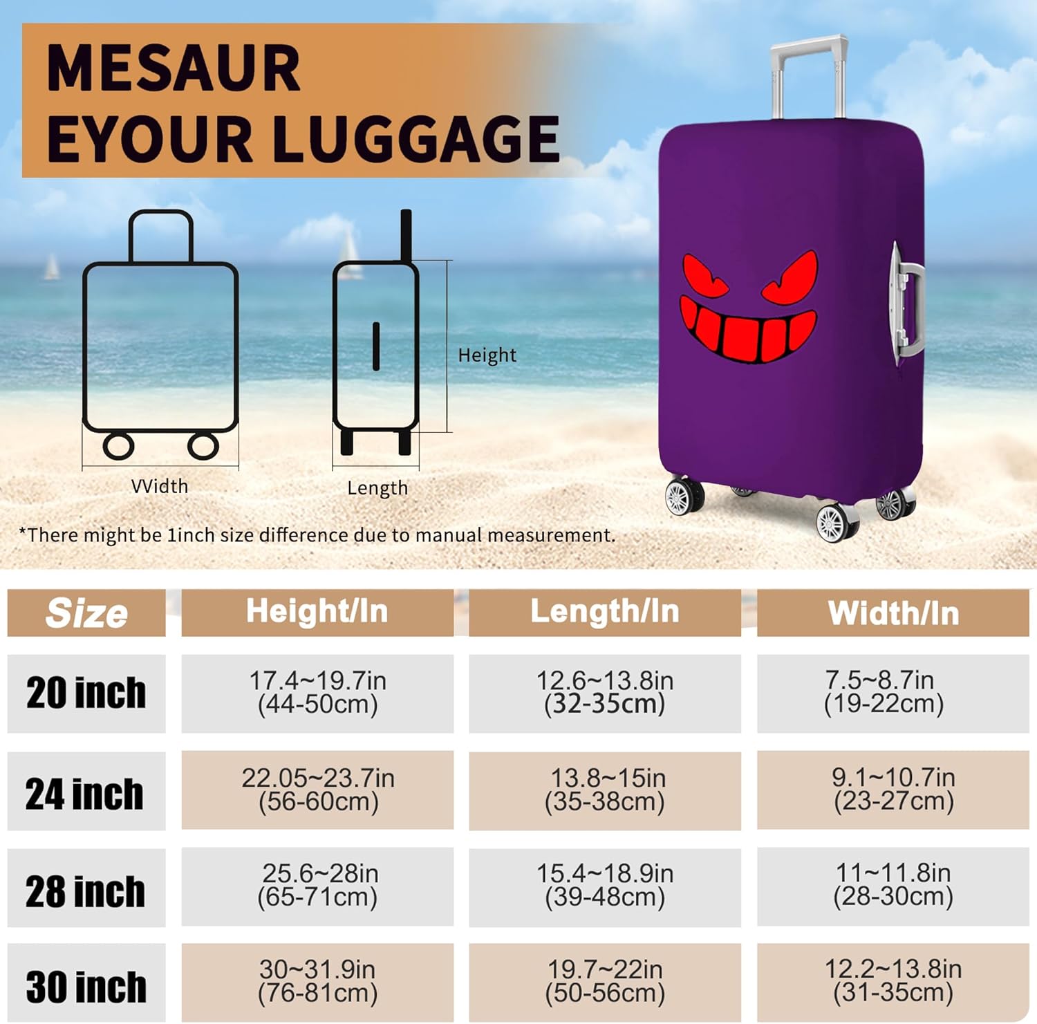 Travel Luggage Cover Thicker Spandex Suitcase Protector Elastic Washable Baggage Covers (S (for 19-20 inch luggage), Purple Eye)