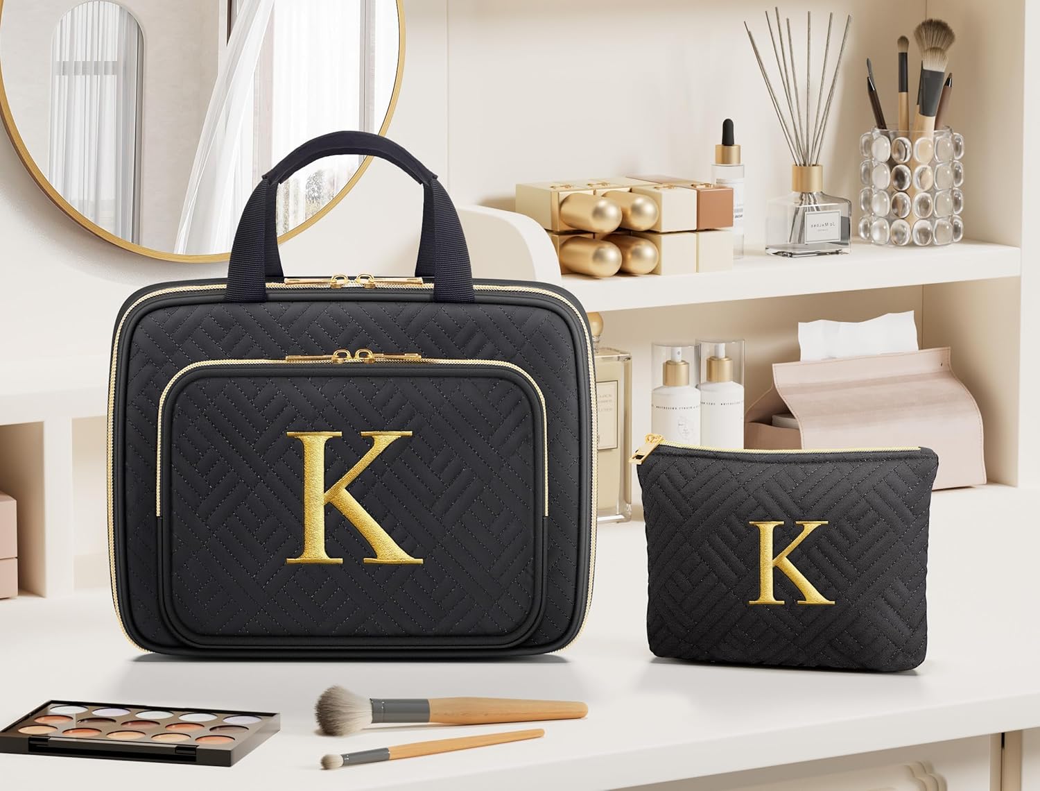 Personalized Gifts for Women, Initial Toiletry Bag Hanging Travel Organizer & Makeup Cosmetic Bag with Embroidery Letter Teacher Appreciation Gift Birthday Mothers Day Gifts for Mom Wife Friend Sister