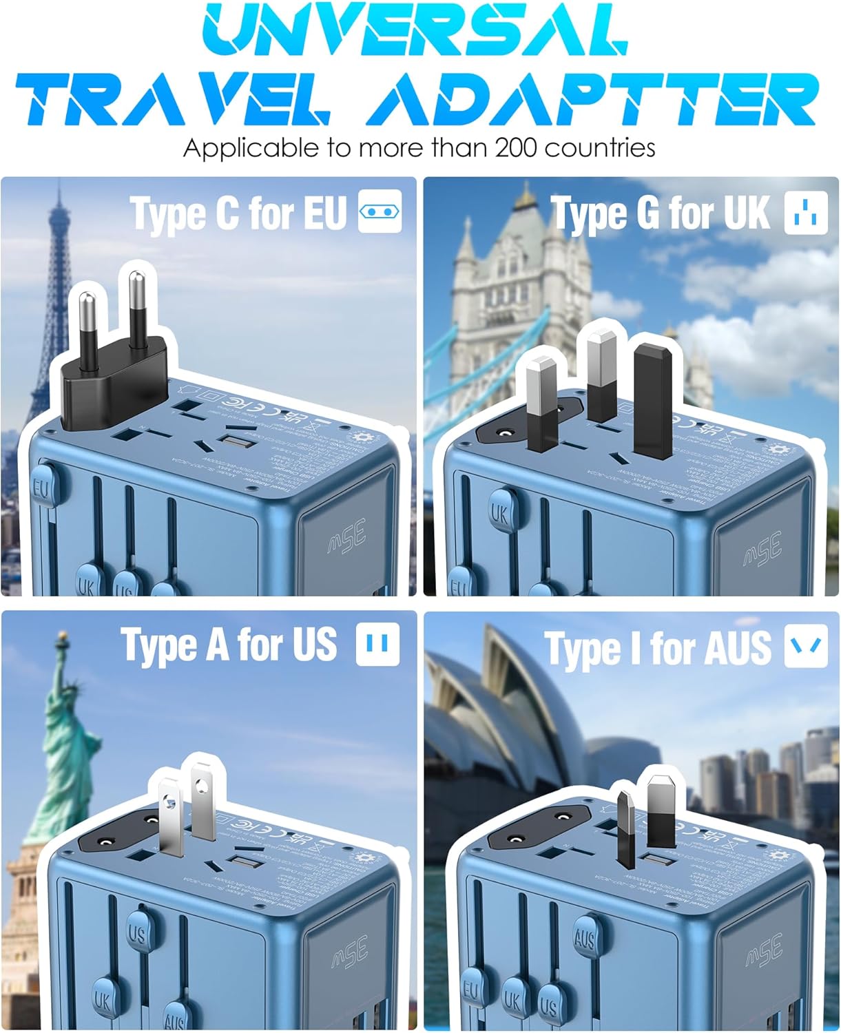 35W PD Universal Travel Adapter Fast Charging Offers 3X2.4A USB-A Ports, 2X USB-C Ports and Multi AC Outlet, International Plug Converter Worldwide Travel Charger All in One for EU US UK AUS