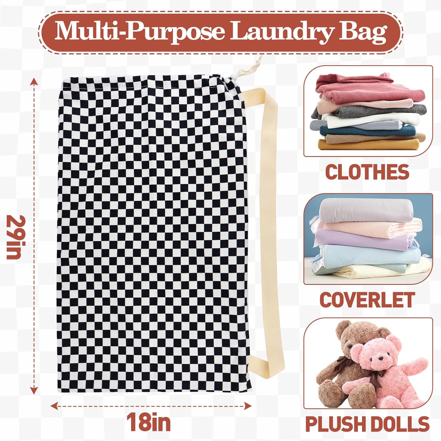 Laundry Bag, Dirty Backpack Laundry Bag For College Travel Laundromat Apartment, With Handles 29" X 18" (Black White Checkered)