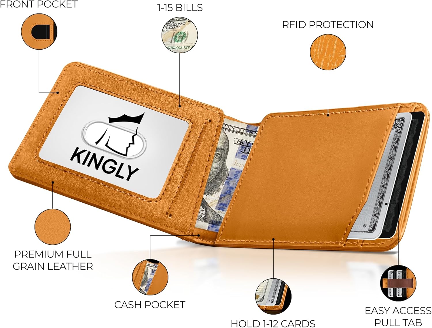Kingly Cash Pocket Slim Wallet for Men - RFID Blocking Leather Card Holder - Minimalist Men’s Wallet for Front Pockets - Holds 1-15 Cards & Cash - Durable Italian Leather Wallets