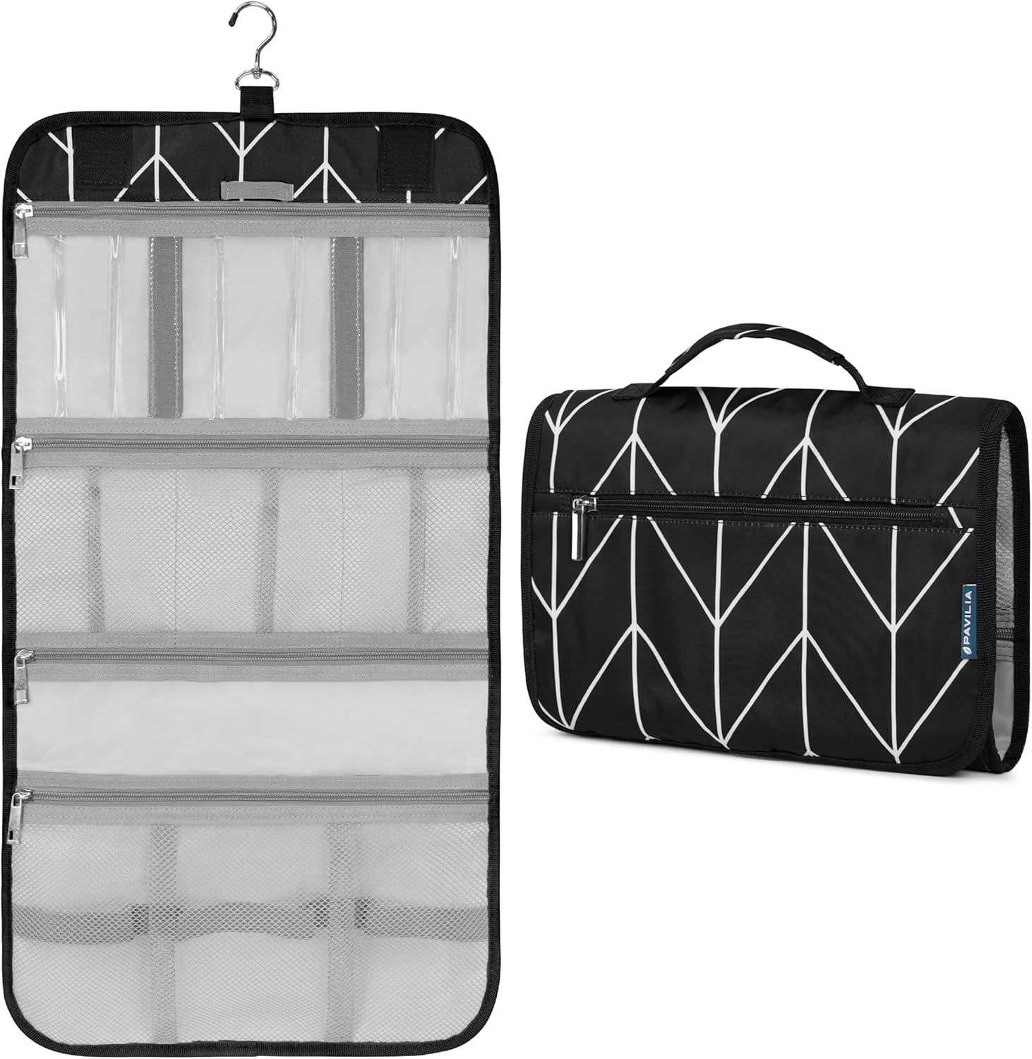 PAVILIA Hanging Toiletry Bag Women Men, Travel Kit Foldable Large Toiletries Organizer, Roll up Cosmetics Makeup Bag Accessories, Waterproof Essentials Jewelry Case (Black Chevron)