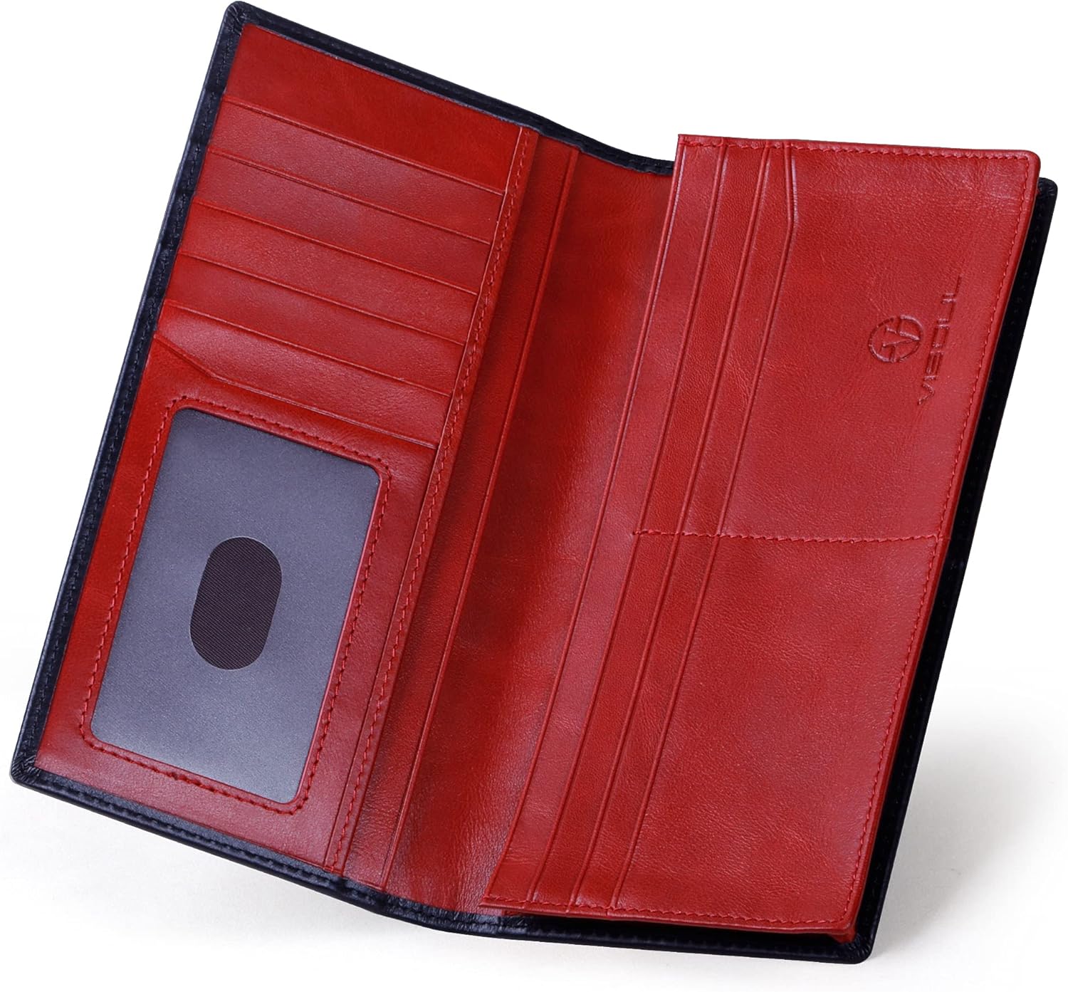VISOUL Mens Leather Long Bifold Checkbook Wallets with RFID Blocking, Contrast Colors Breast Pocket Tall Billfold Secretary Wallet for Men with Card Slots (Black and Burgundy)